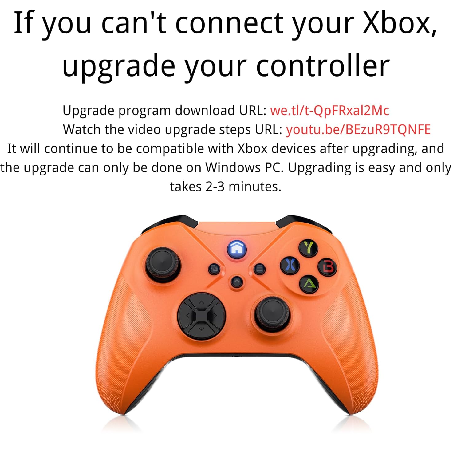 Gamrombo Wireless Controller with text 'If you can't connect your Xbox, upgrade your controller'. It provides a download URL and a YouTube video URL for upgrade steps.