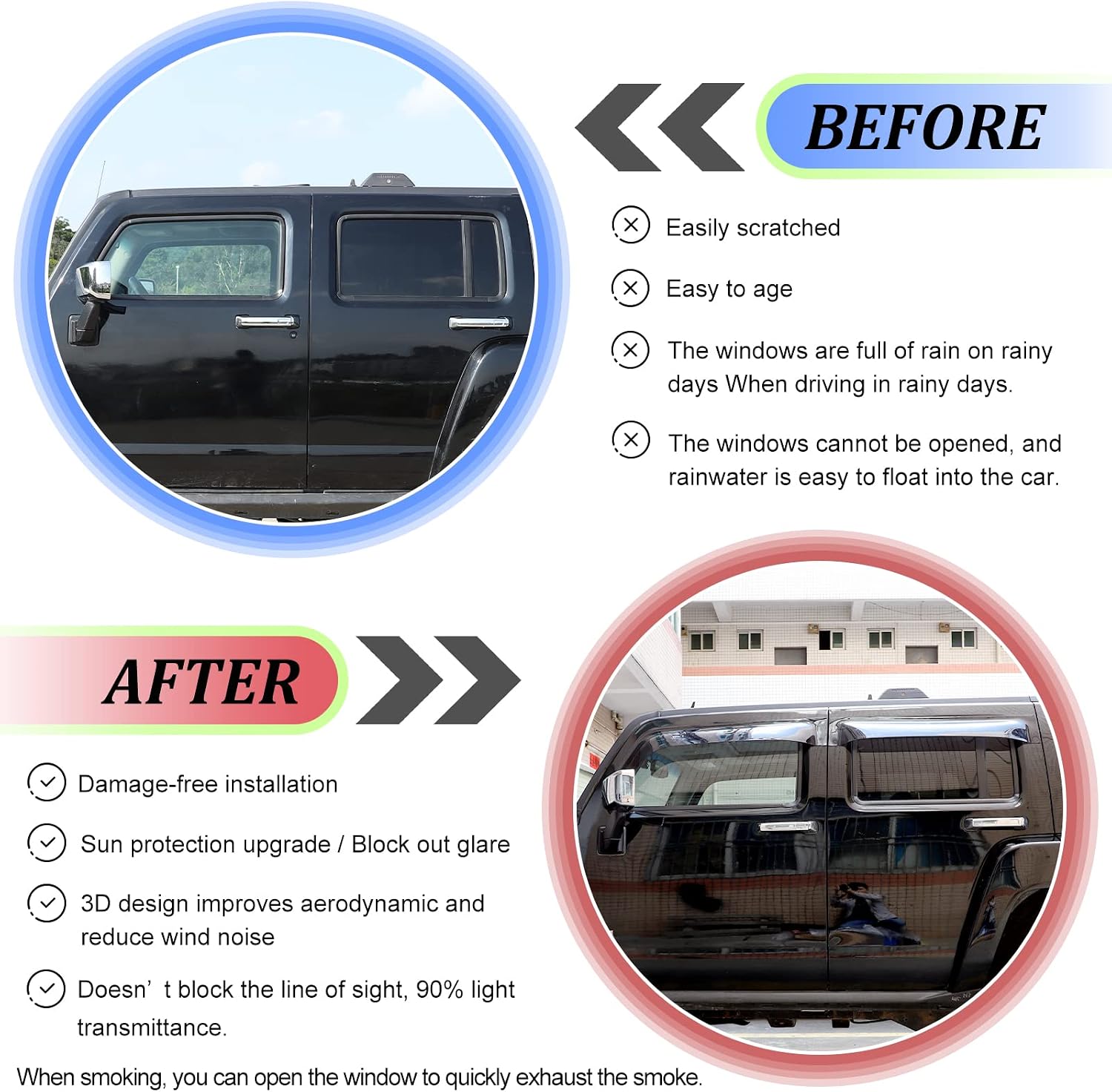in-Channel Side Window Deflectors for Hummer H3 2005 2006 2007 2008 2009 2010 Accessories, Tape-On Smoke Side Window Deflectors, Outside Car Door Window Visor Kit, Rain Guards Mount, ABS