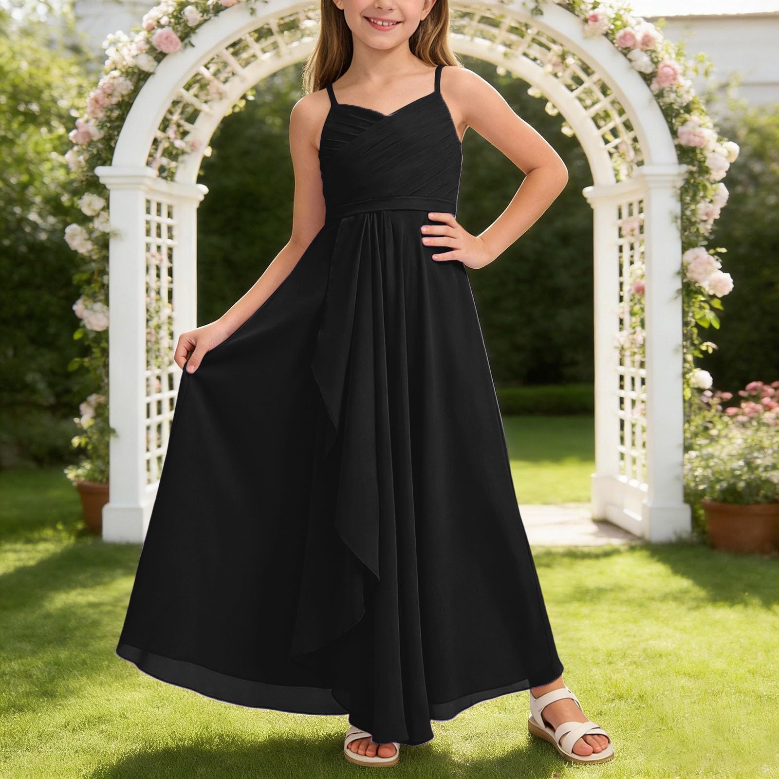 MaNMaNing Abito Linea Damigella Giovane Chiffon fluente Maxi Matrimonio Festa sfilata Elegante Vestito Lungo Bambina