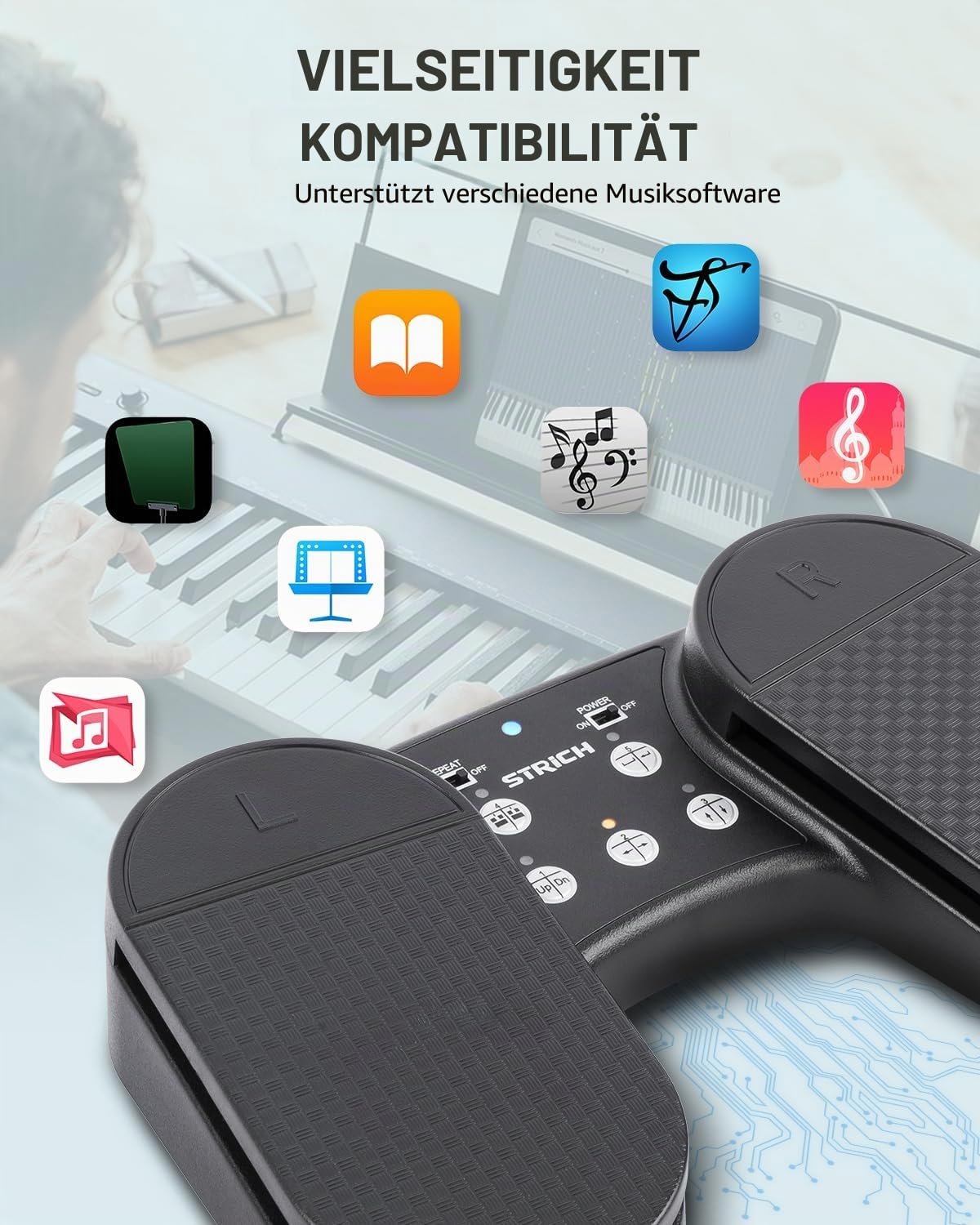 STRICH Drahtloser Page Turner Pedal für iPad, Wiederaufladbares Musikseitenumblätter-Pedal, 5 Modi, USB Lautloses Fußpedal für Tablets, iPad Pro, Instrumente Spielen, PC, SPT-10
