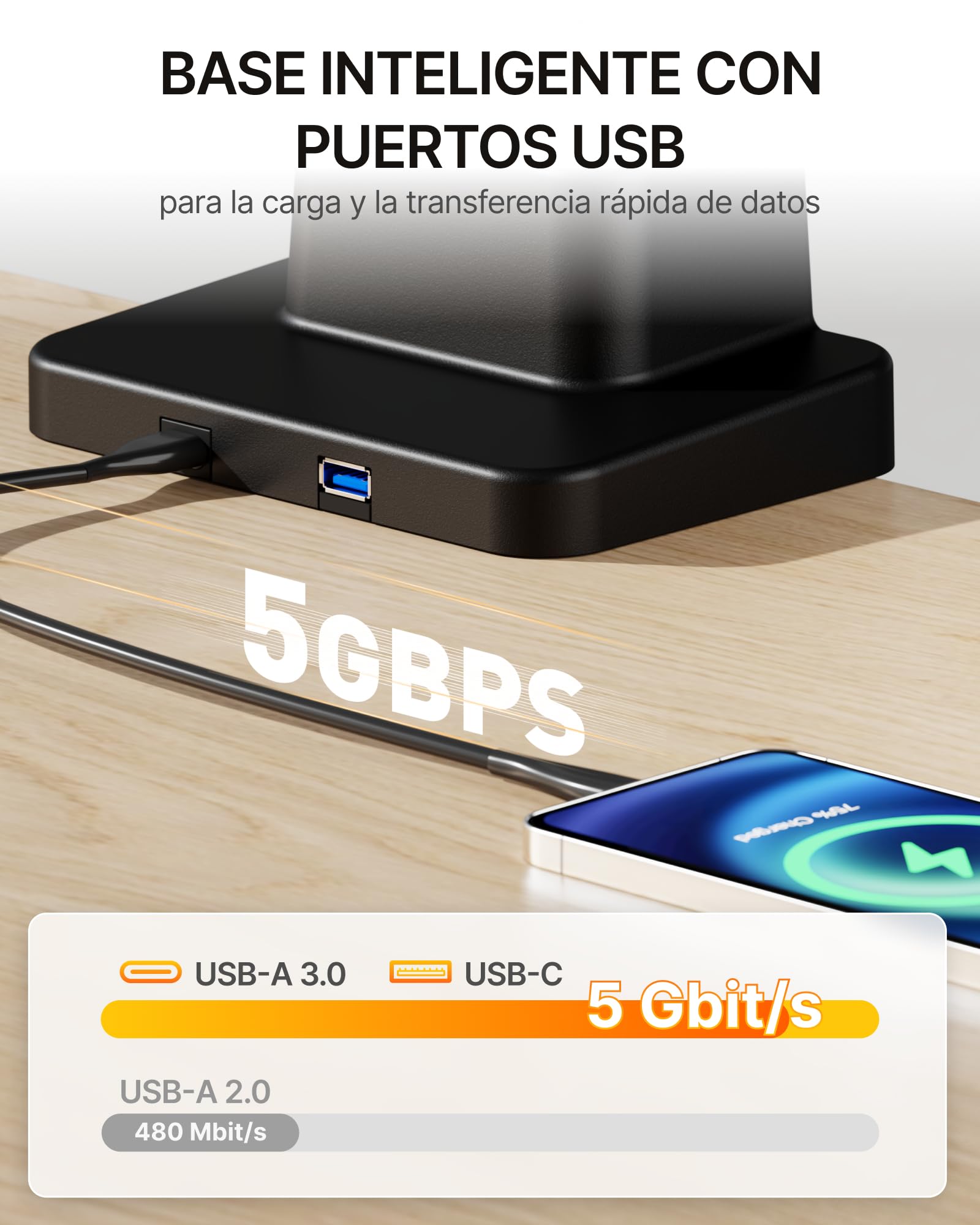 monTEK Soporte Monitor con Poste Alto y USB para 17-57" | Brazo de gas con diseño curvo para escritorios y monitores ultrapanorámicos, compatible con VESA 75x75/100x100, negro.