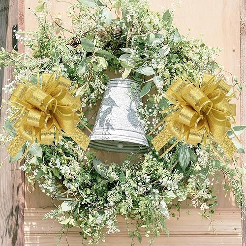 Miniatura 6 de WEWILUCK Lazos para envolver regalos, lazos dorados con purpurina para cumpleaños, Navidad y Año Nuevo, 8 lazos de regalo de 6 pulgadas con cinta