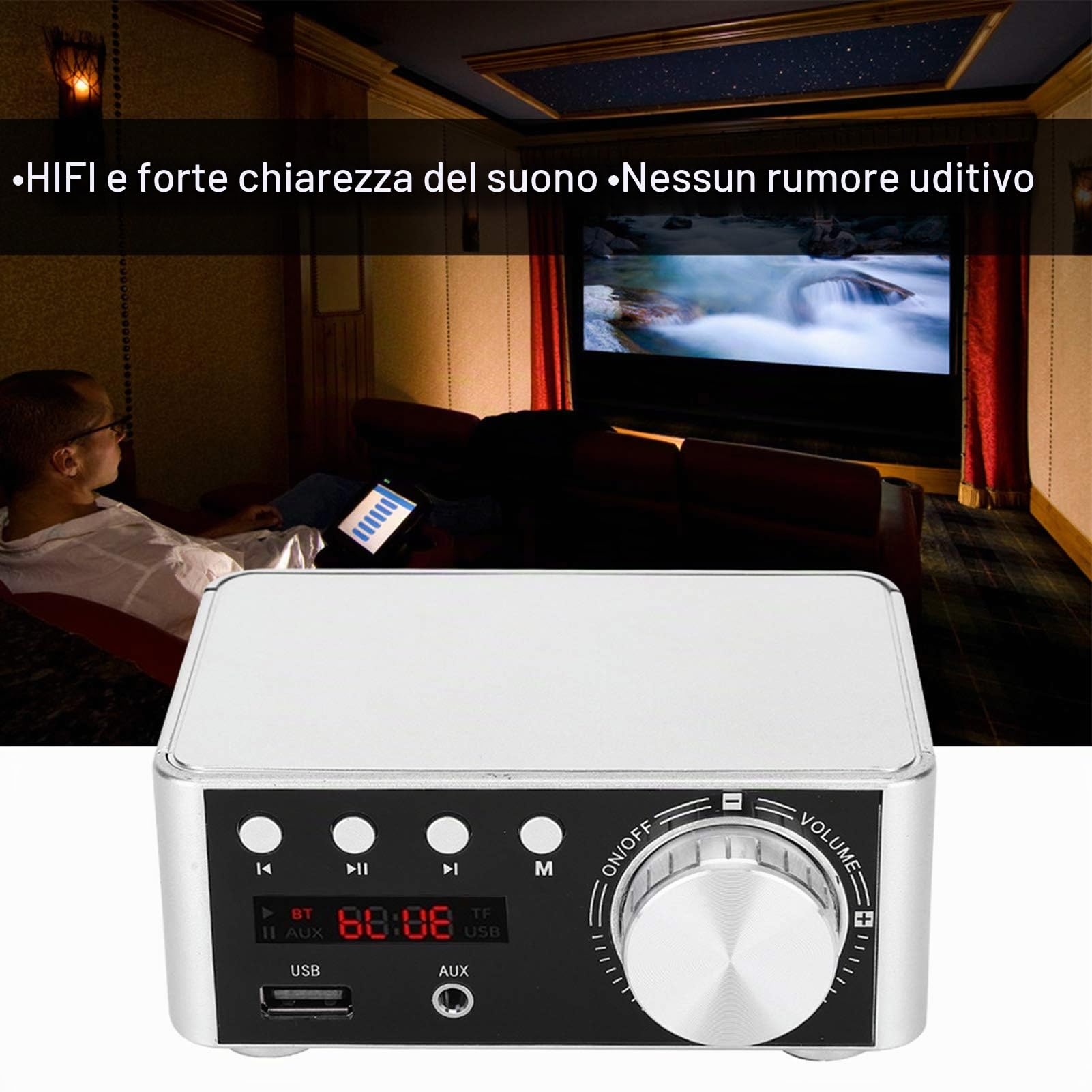 Amplificatore Stereo Bluetooth 5.0 Classe D 2 Canali 50W x 2 con Lettore USB Nero Alimentazione DC 9-24V