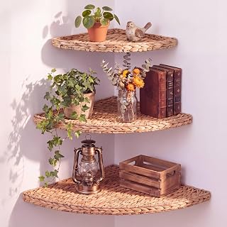 Amyhill Set of 3 Wicker Floating Corner Shelf Boho Wall Decor | Rustic Wall Shelf, 8.7" 10" 11.8", Water Hyacinth Hanging Storage with Metal Frame, Rattan Living Room Bathroom Kitchen Decor