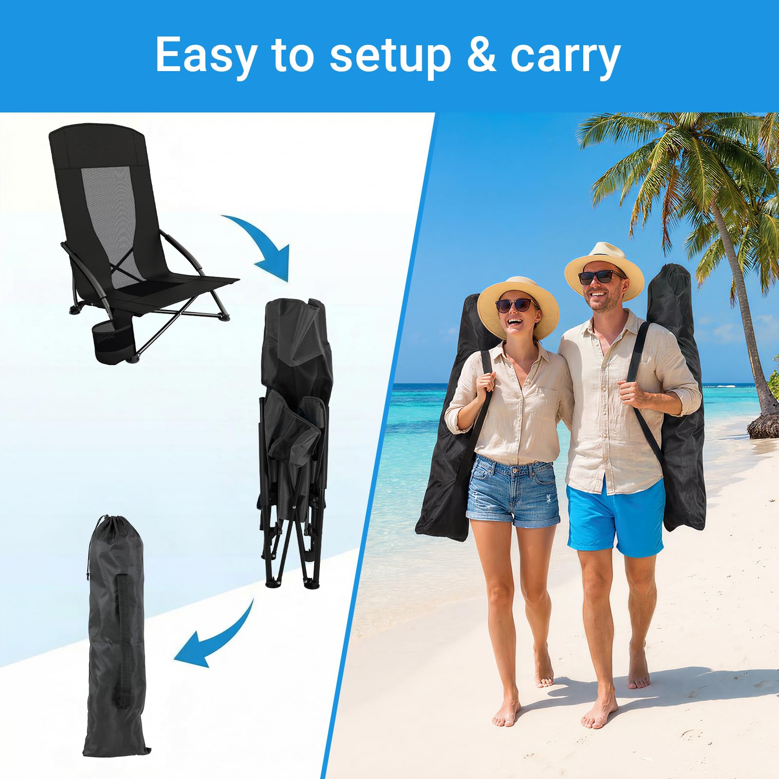 LIFERUN Chaise de plage pliable - 1 pièce - Dossier haut - Chaise de plage basse avec sac de transport - Porte-gobelet - Tissu en maille respirante - Pour l'extérieur, le camping, le concert de sable