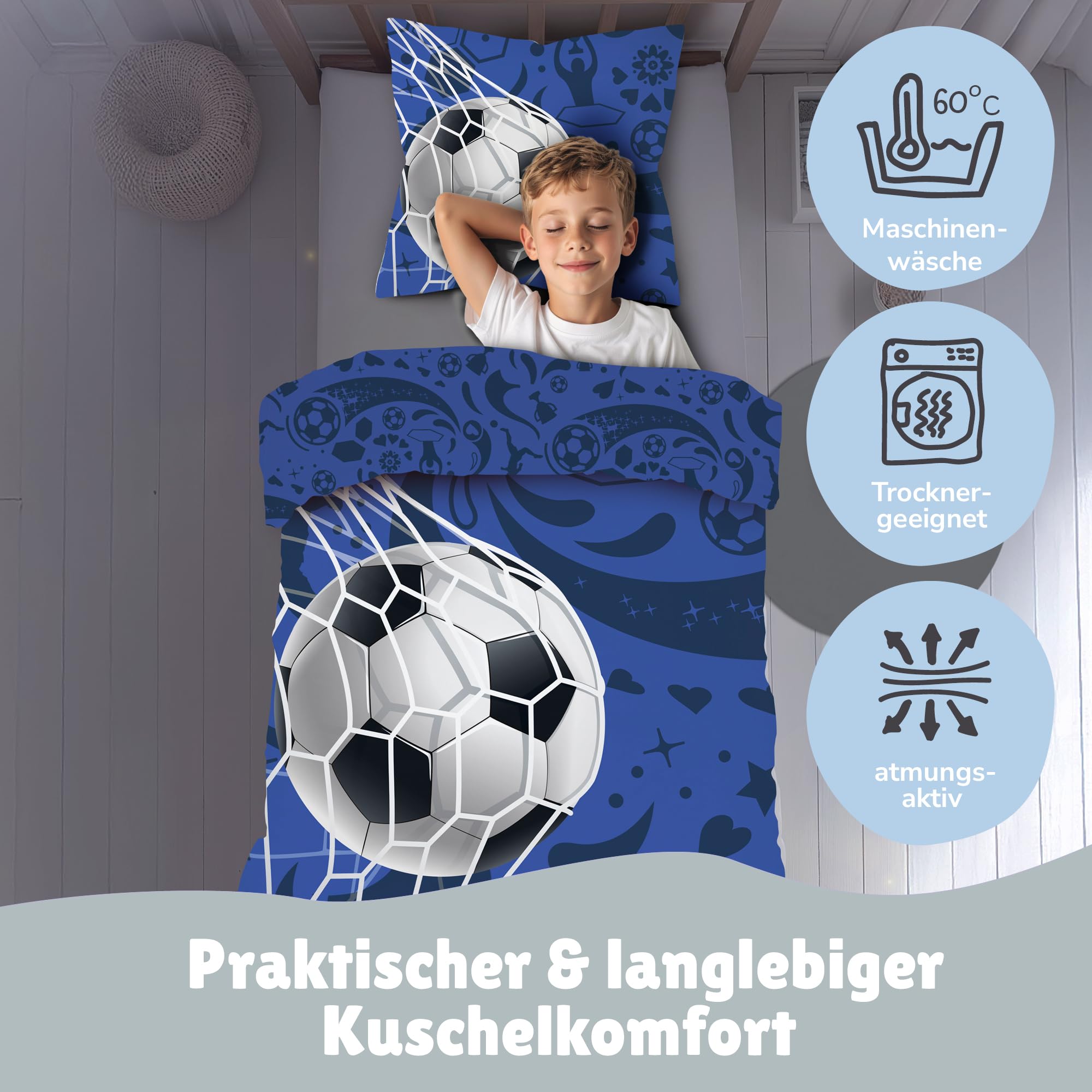Familando – Fußball Bettwäsche-Set (2-teilig) – Decken- & Kissenbezug 135x200 cm & 80x80 cm mit Reißverschluss – 100% Baumwolle – Wendemotiv Champion – Atmungsaktiv & hautfreundlich - Öko-TEX