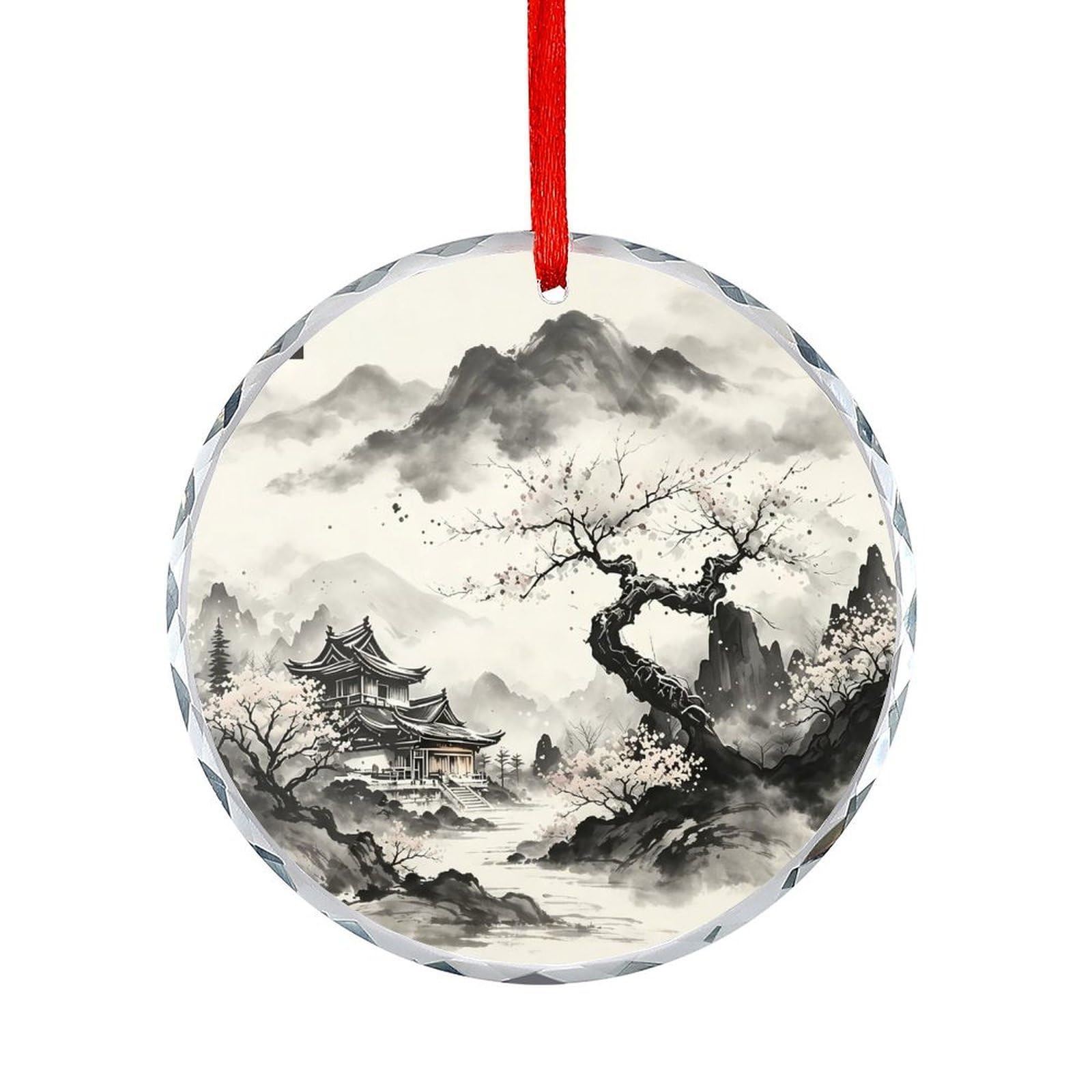 Btcowzrv Style Ink Wash Landscape Round Ornament Hanging Pendant Decor