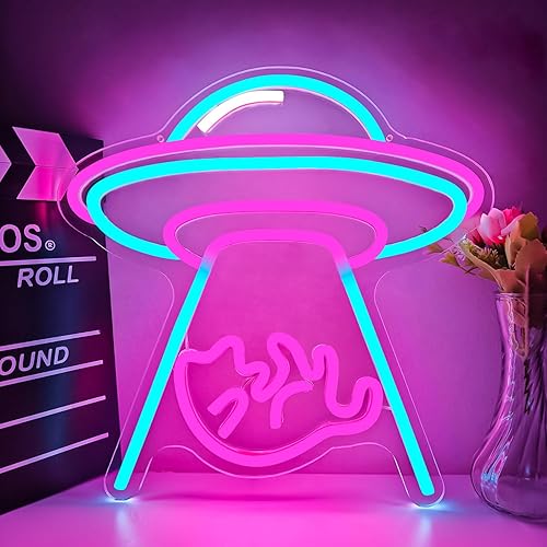 Letreros de neón para decoración de pared, luz de neón para gato, alimentada por USB, regulable, platillo volador, letrero luminoso para dormitorio,