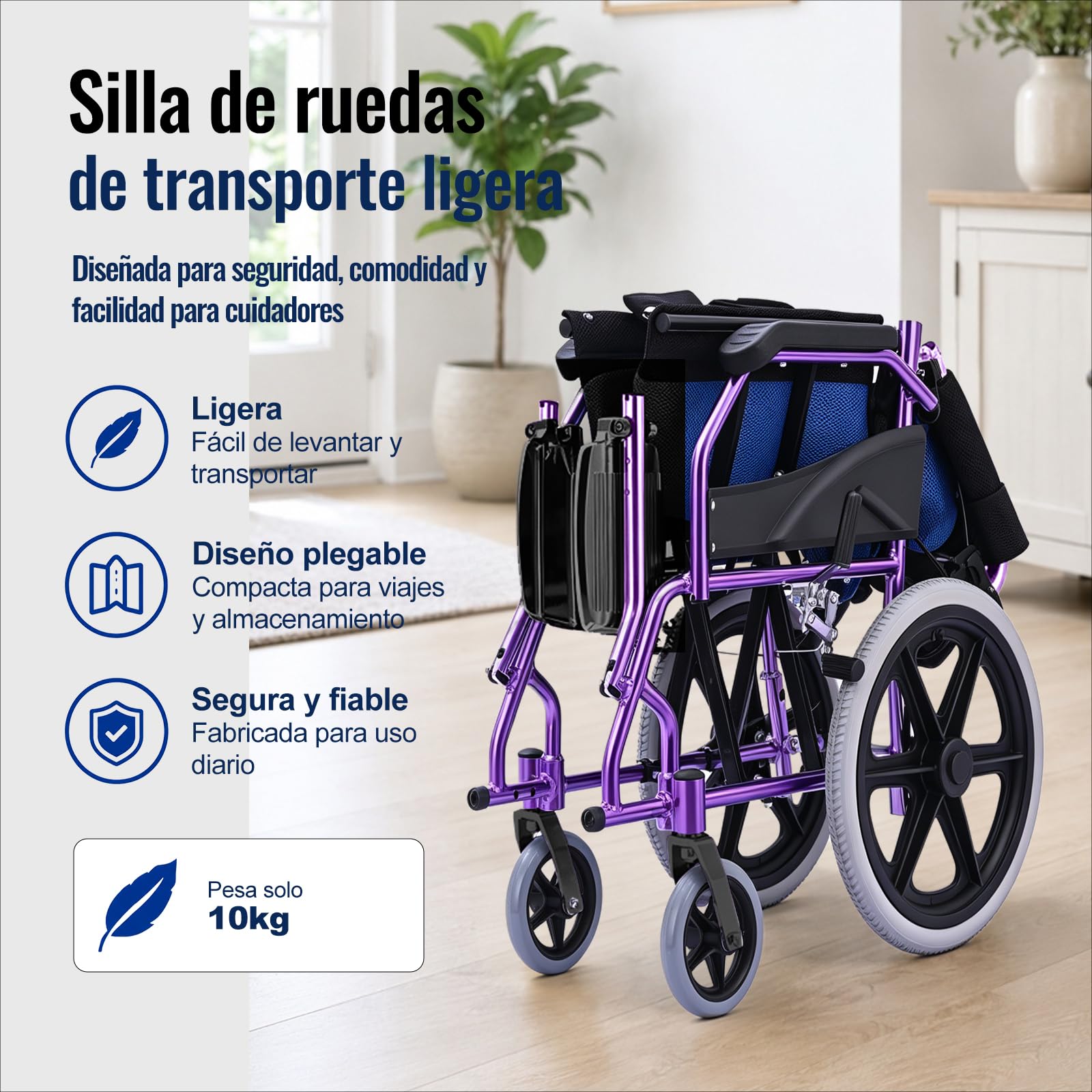 M3 Silla de Ruedas Plegable Ligera para Adulto, Fácil de Transportar, Doble Freno, Reposapiés Plegables, Soporta hasta 100 kg, Ideal para Mayores y Movilidad Reducida - Púrpura