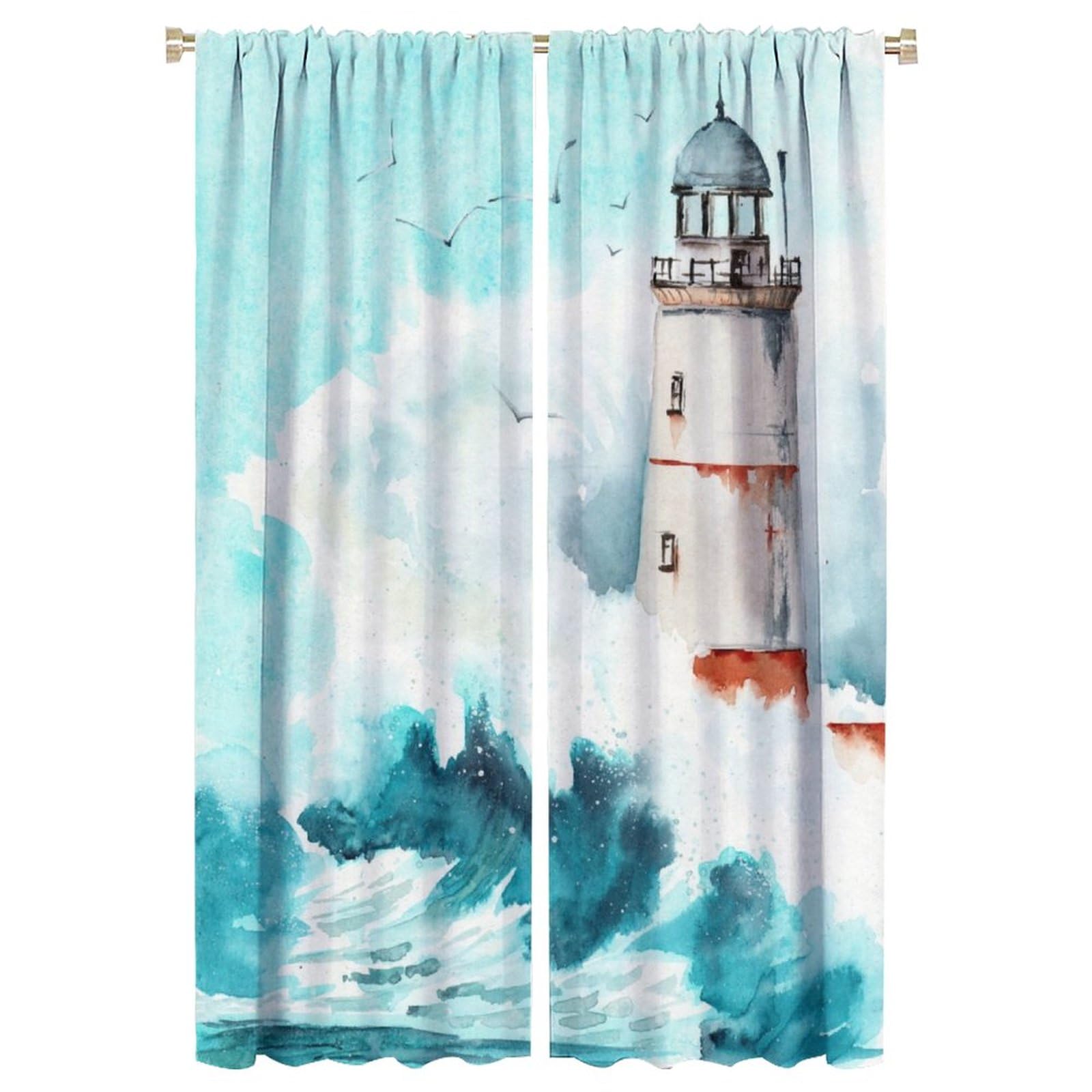 Lighthouse Curtain Watercolor Sea Mew Wave Lighthouse Blackout Print Rod Pocket Window Drapes for Bedroom Living Room 42x63in