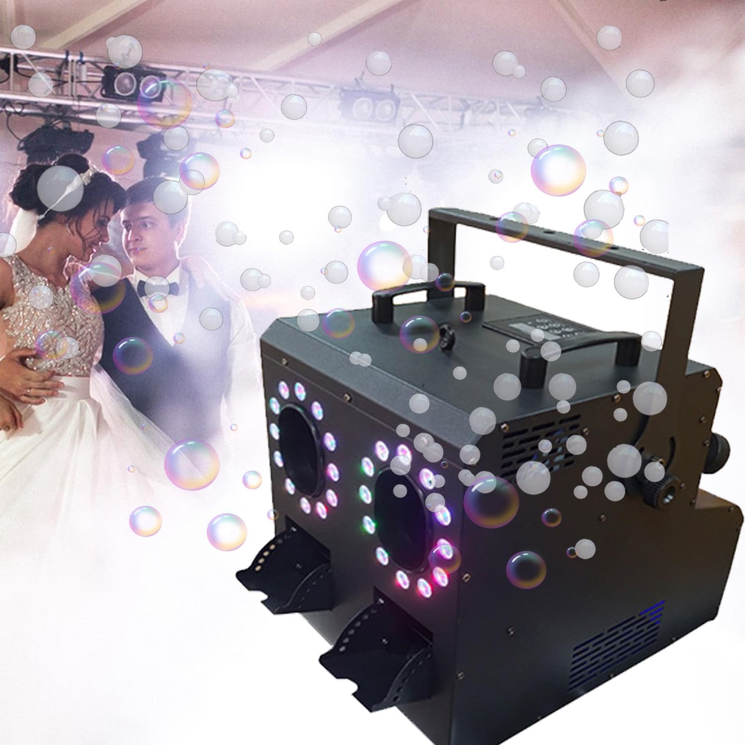 Machine à bulles de brouillard professionnelle 3 en 1 avec 4 ventilateurs à bulles et 18 lumières LED RVB - Parfait pour les fêtes, mariages, festivals et anniversaires