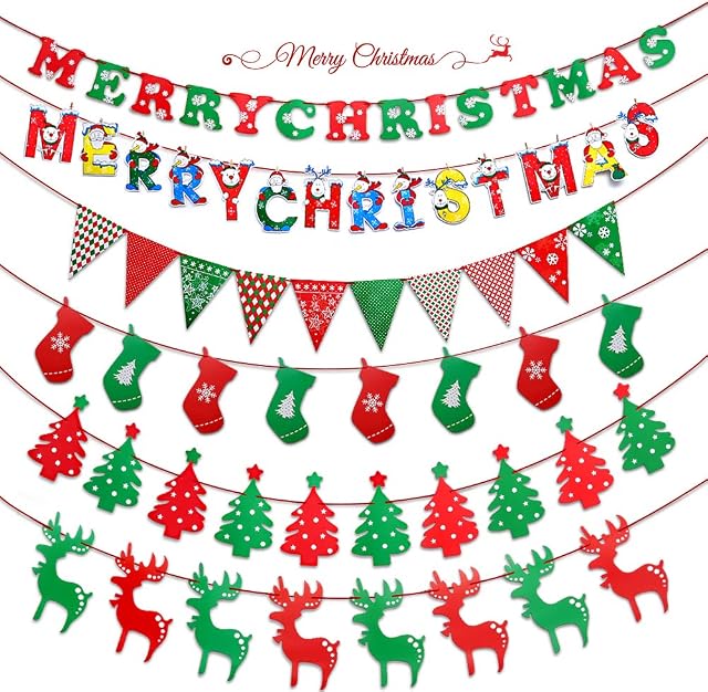 Runostrich Christmas Party 6 Styles Hanging Bunting Banner DIY Ornaments Cartoon Merry Christmas Letters, Elk, Christmas Tree, Flag, Stockings for Indoor Outdoor Home Office Hotel Holiday Decoration