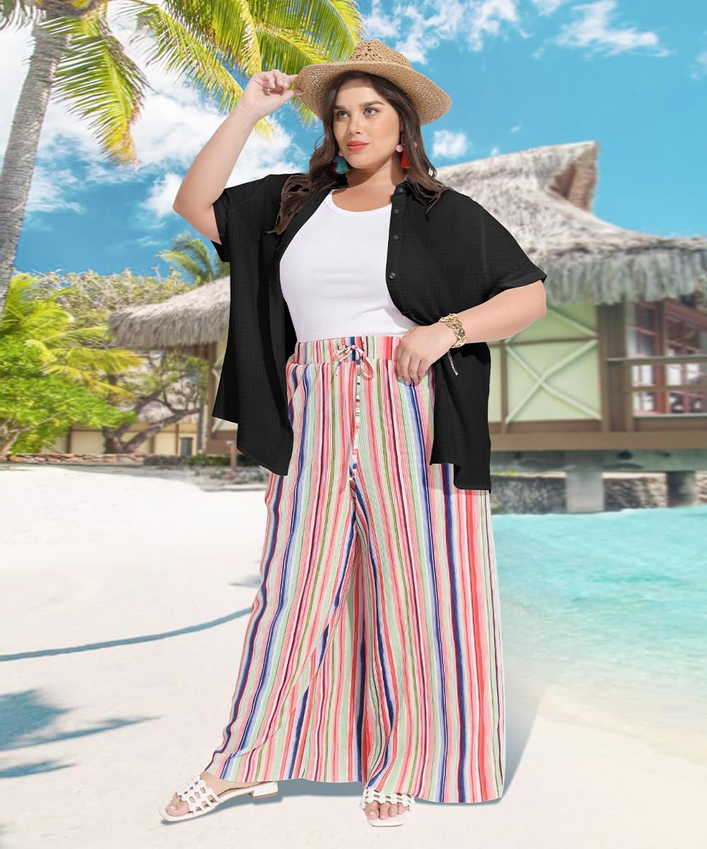 RITERA Haut boutonné à manches courtes pour femme - Col roulé - Léger - Taille XL à 5XL