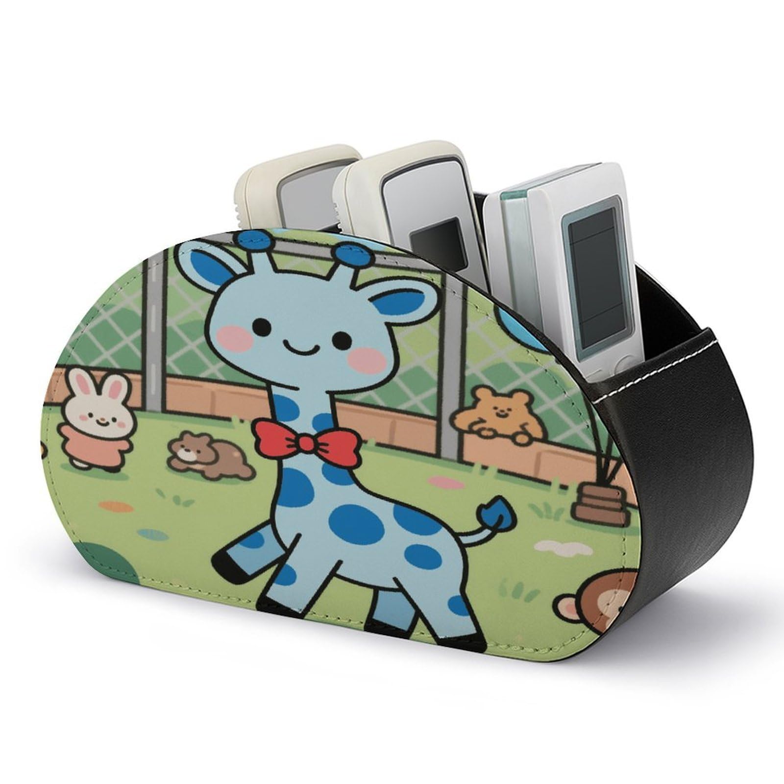 VstaDank Cute Giraffe Remote Control Holder PU Leather Multi-Functional Office Organizar Box Makeup Brush Holder Desk Storage with 5 Compartment TV Remote Media Player Box