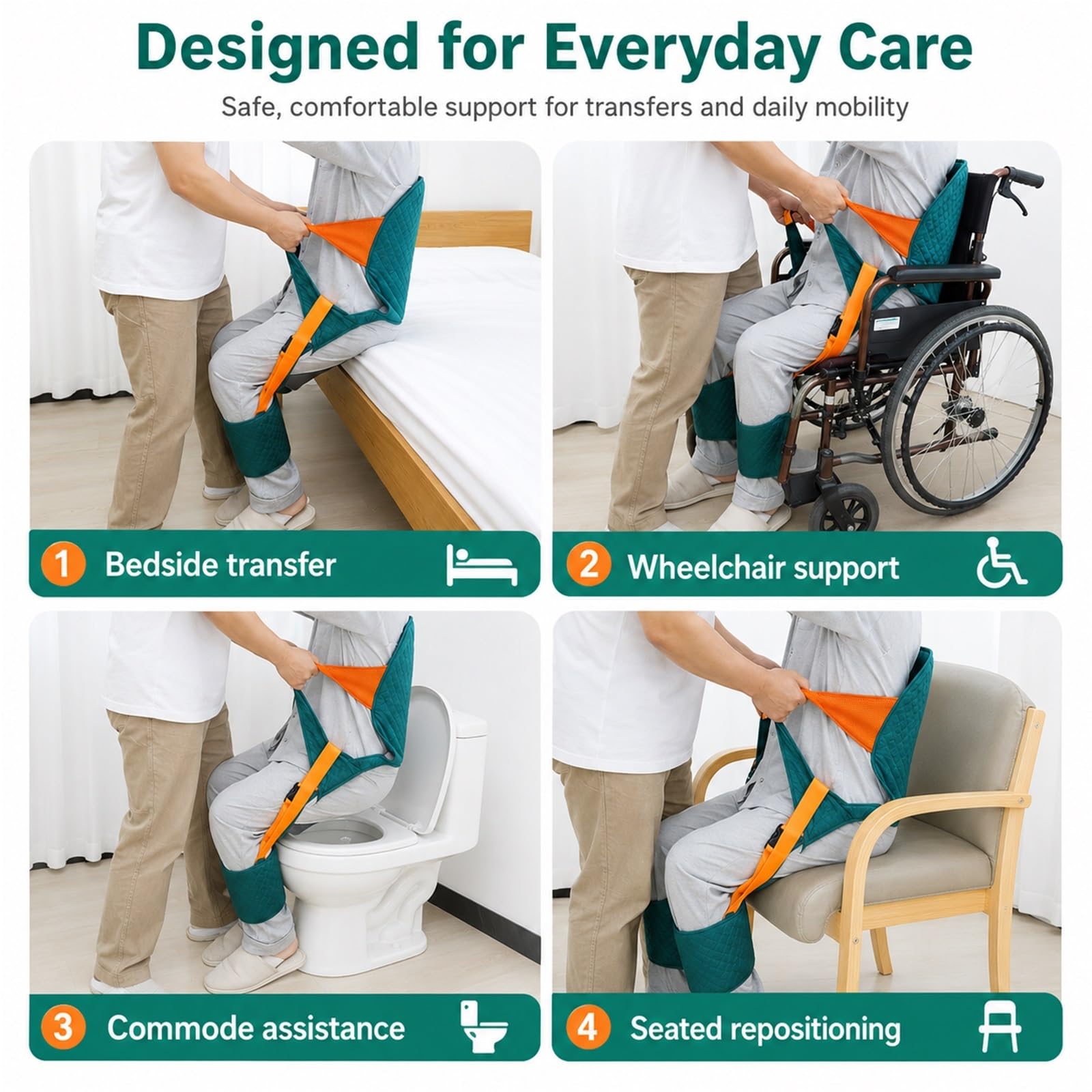 Telo da Trasferimento e Cuscino per Sedia a Rotelle con Supporto Coccige per Anziani e Disabili, Imbracatura con Foro per Toilette e Maniglie Antiscivolo