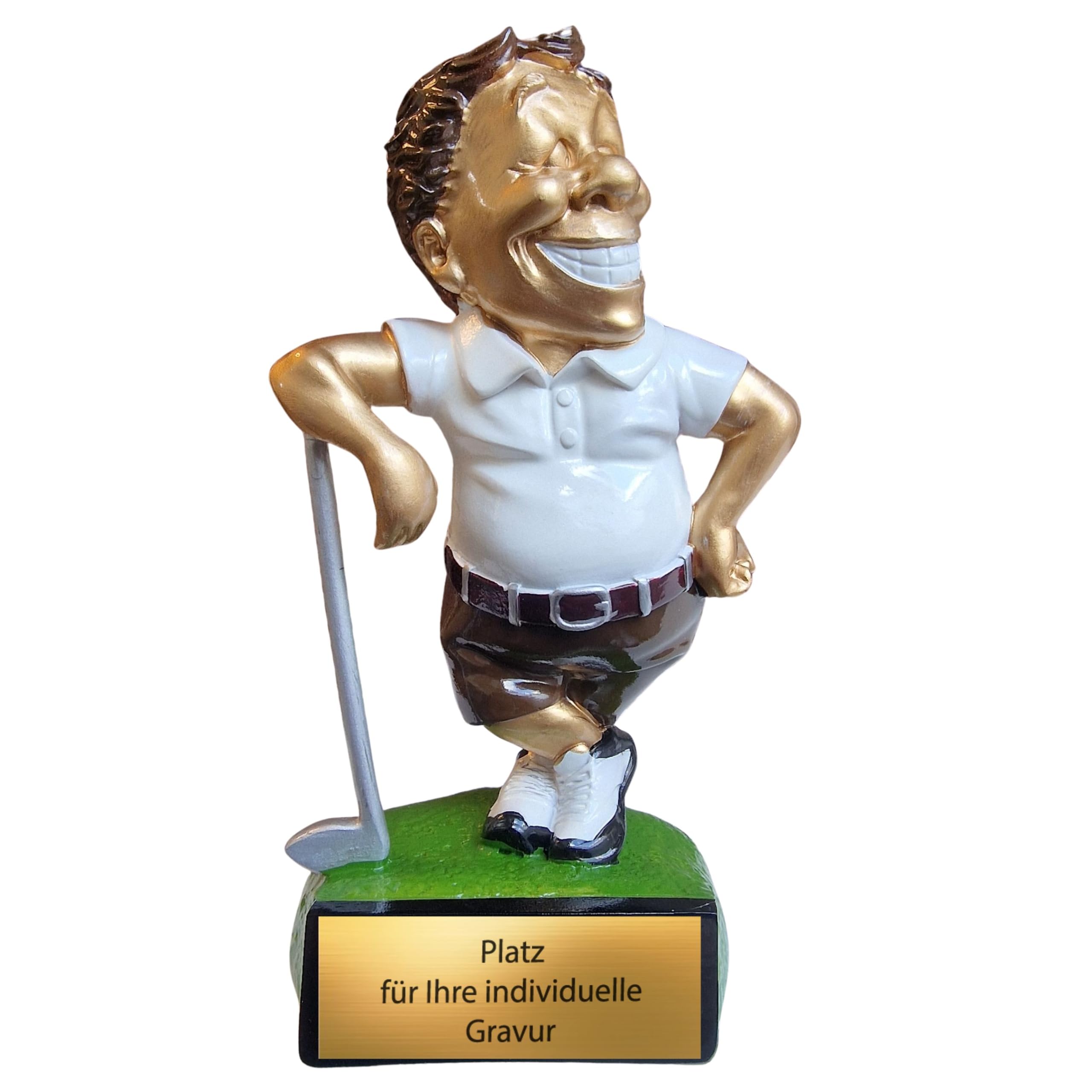 Funny Golf Pokal 15,5 cm aus Resin – witzige Trophäe mit Golfer-Figur auf Rasen Look-Sockel – humorvoller Award für Turniere, Vereine & Büro – mit Gravurschild personalisierbar