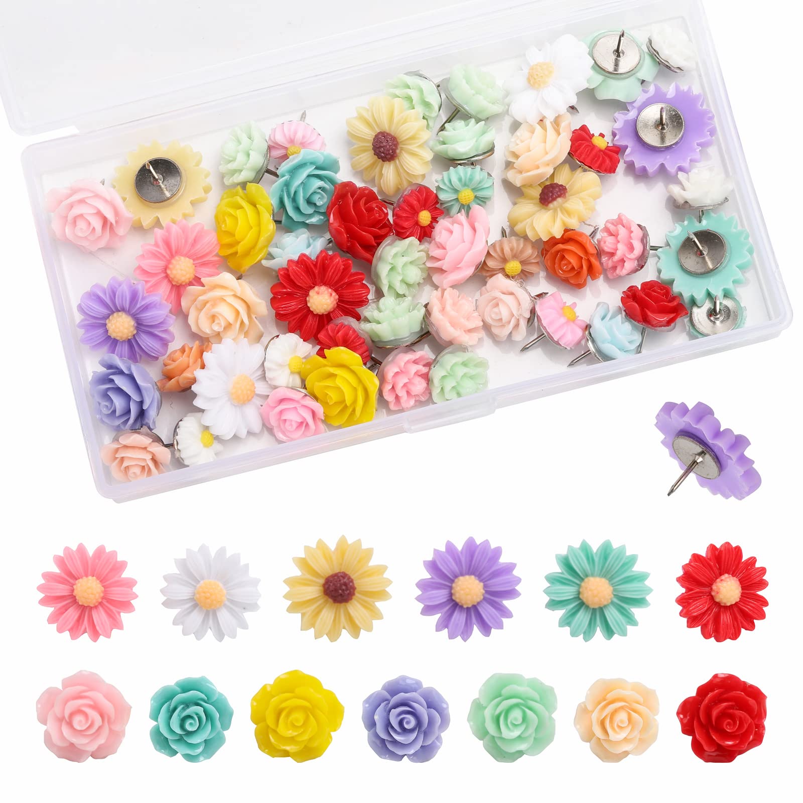 Flower Decorative Push Pins 50Pcs for CorkBoard Office or Home