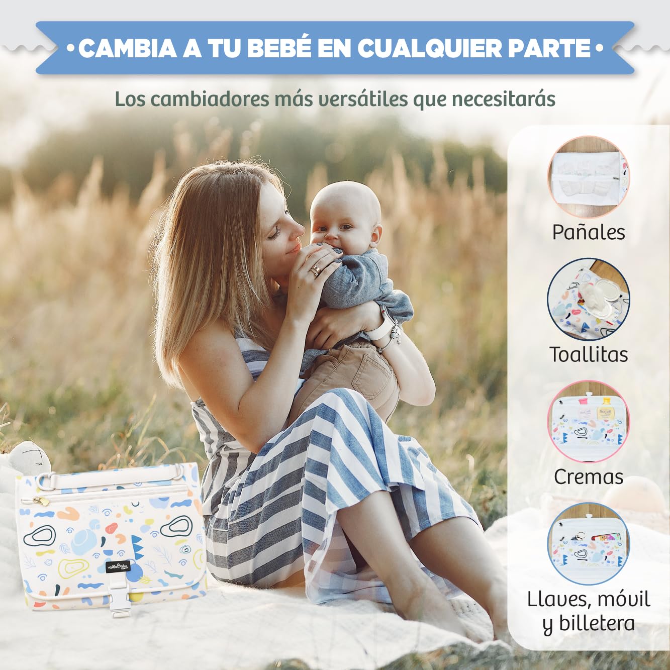Cambiador Bebe Portatil XL Impermeable 5 Compartimentos y Portadocumentos Organizador Viaje Regalo Bebé Recien Nacido Diseño Elegante Compacto para Padres y Abuelos