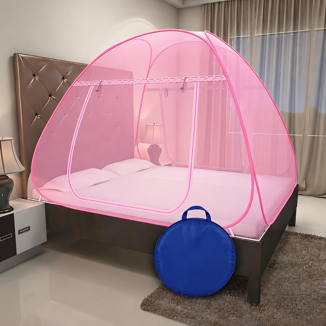 Foldable Pop-Up Mosquito Net for King Size & Double Bed | Fine Mesh Polyester Machardani with Zip Door | Portable, Washable & Easy to Fold | Blue Border, White Net (Pink, King Size)-image-27