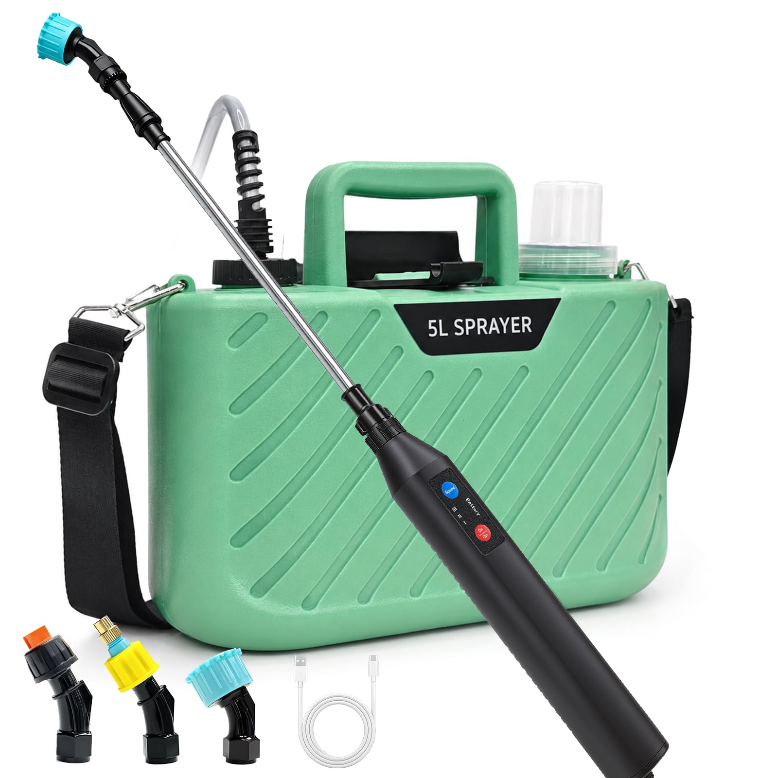 MANKIW Pulverizador a Presión con Batería de 5 L, Pulverizador Eléctrico con 3 Boquillas, Batería USB, Varilla Telescópica y Correa para el Hombro
