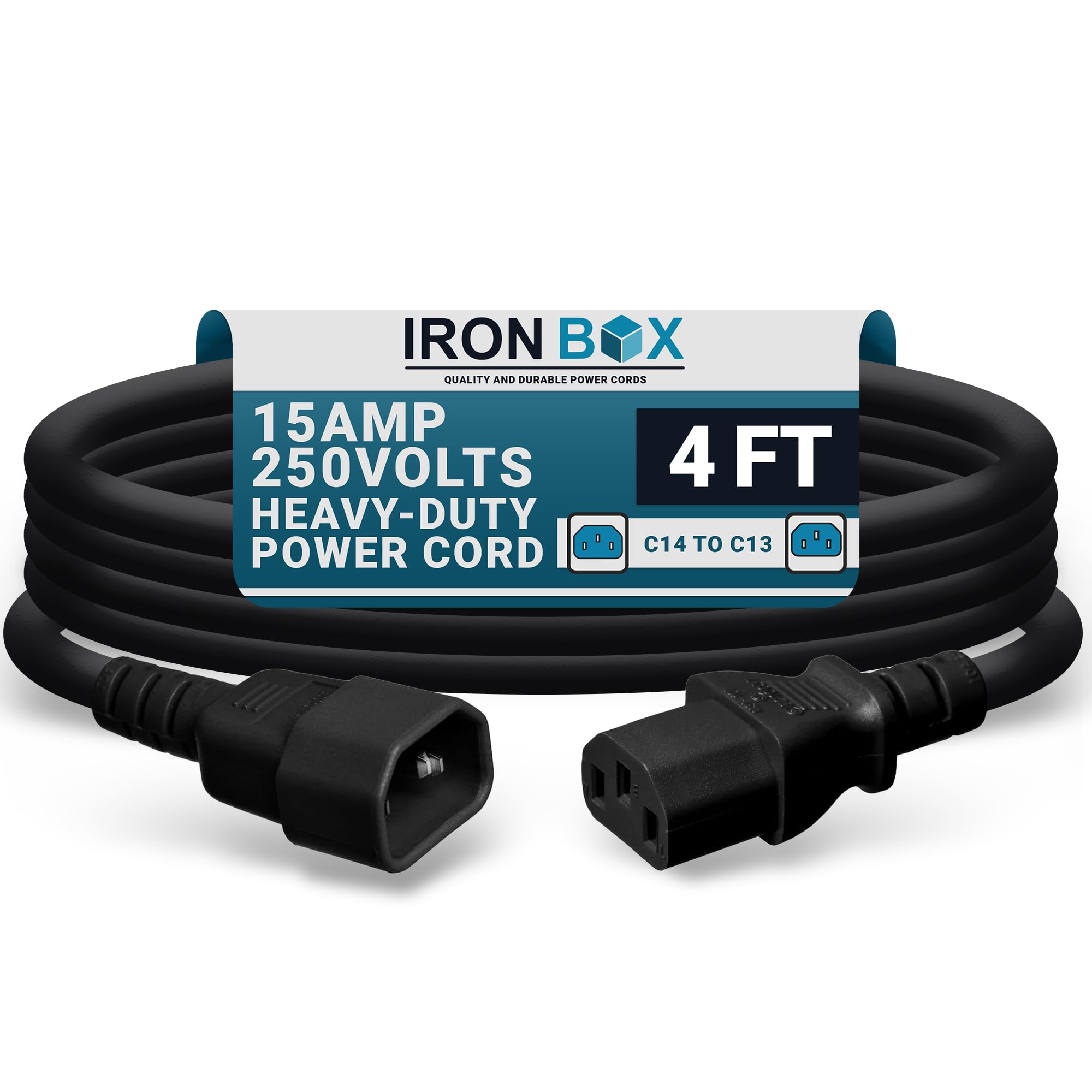 IronBox Electric - Heavy-Duty C14 to C13 Power Cord, 15A, 250V, 14/3 AWG Computer Extension Cable - PDU Power Cables for PC Adapter, Server Rack Cord,