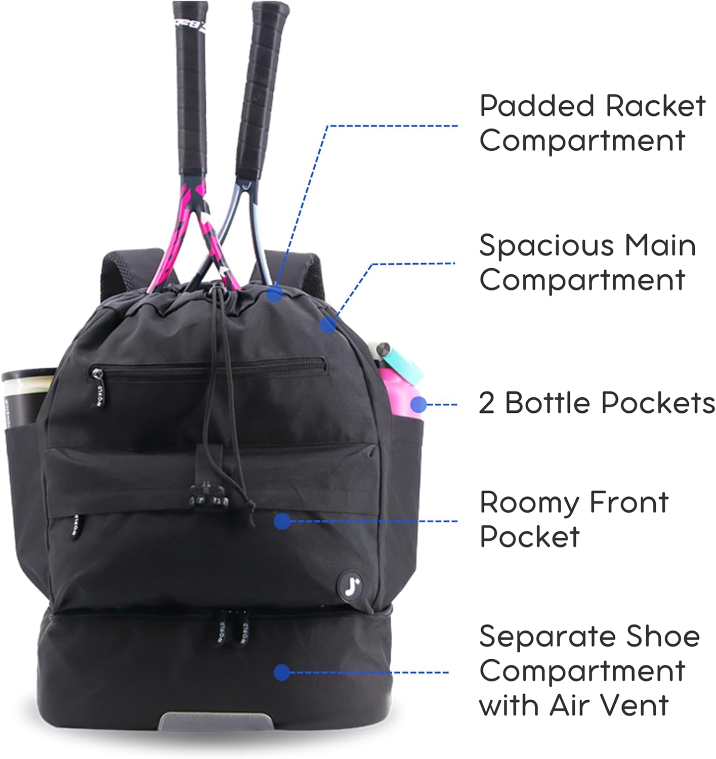 J World Ace 2 Racket Tennis Backpack for Women Men. Badminton Squash Pickleball Bag. Kids Sports Gym Bag w/Shoe Compartment