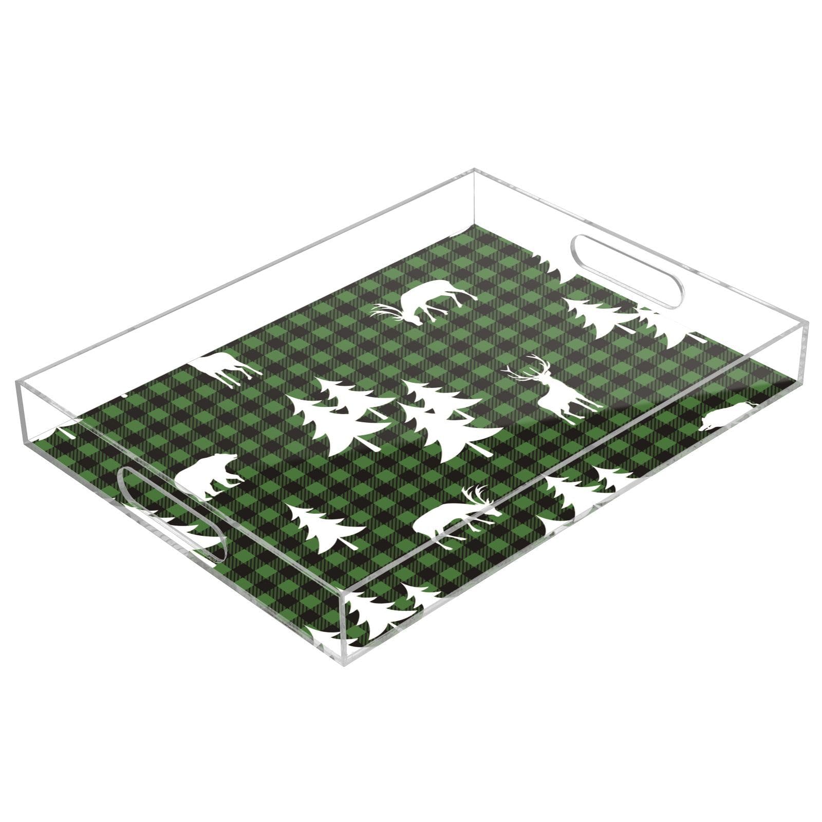 Bandejas transparentes de búfalo con patrón personalizado de árboles con asas, bandeja decorativa transparente de 12 x 16 pulgadas, bandejas transparentes para servir a prueba de derrames