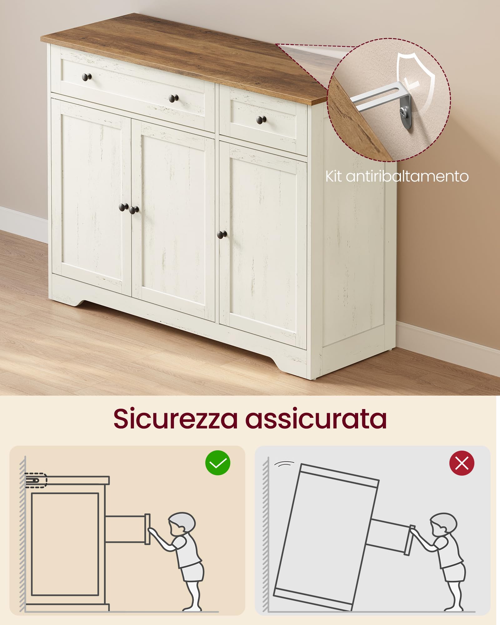 VASAGLE Siren Collezione Credenza Madia, Mobile Soggiorno in Truciolato, Buffet per Cucina e Ingresso, Ripiani Regolabili, 106,8 x 40 x 80 cm, Bianco Nuvola, LSC531WJ01
