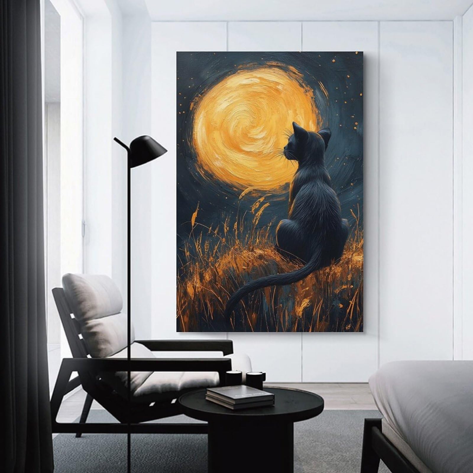 Junmoney Wall Decor Canvas Print Black Cat Gazing at The Moon, 24x36inch(60x90cm), for Bedroom, Lounge Or Dressing Area, Stylish Decor for A Restful Room Update
