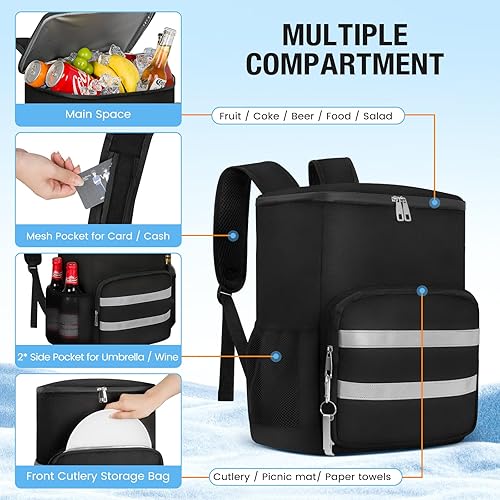 Vista 18 de Mochila térmica suave aislada a prueba de fugas, 30 latas, mochila térmica portátil para picnic, camping, playa, senderismo, barbacoa, almuerzo