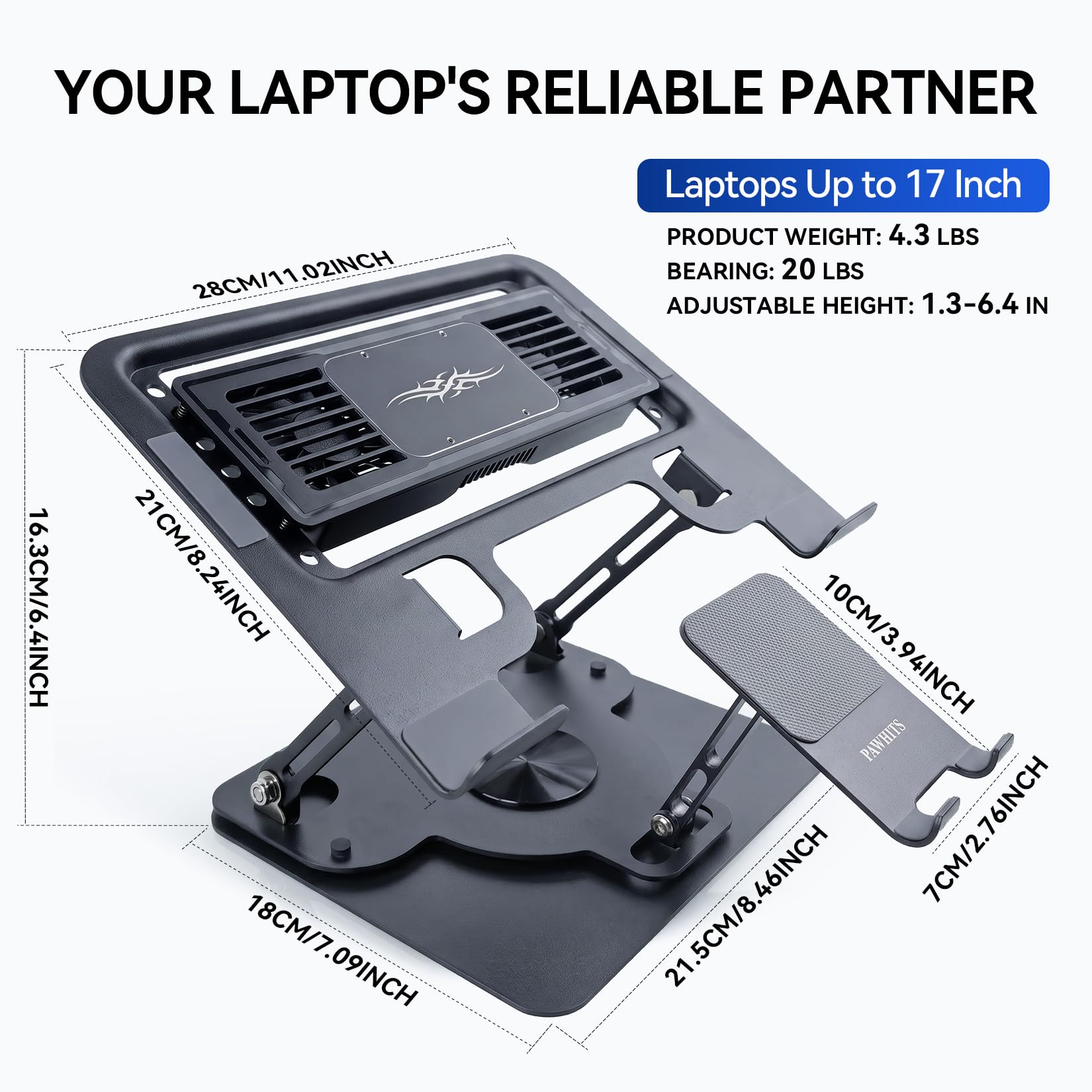 Base di raffreddamento per laptop con ventola e raffreddamento staccabili, supporto regolabile 2 in 1 per laptop e telefono, base girevole a 360°, struttura in acciaio al carbonio per laptop