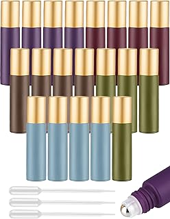 Tomorotec Botellas de rodillo de aceite esencial coloridas de 10 ml con bolas de acero inoxidable, paquete de 20, botella de rodillo ultra gruesa para aceite con abridor y cuentagotas (5 colores)