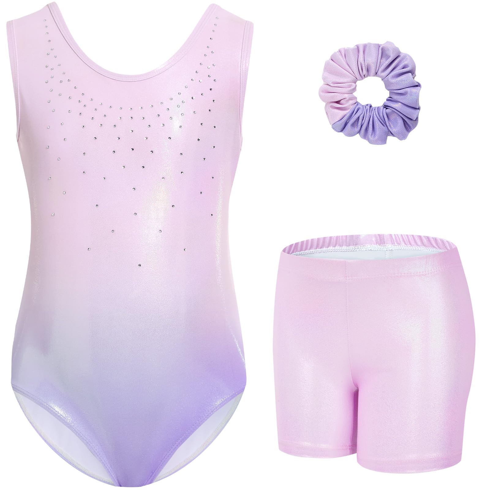 Gogokids Conjunto de gimnasia de tres piezas para niña, cuello en Y, sin mangas, con pantalones cortos y diadema, traje de gimnasia con diseño de bloques de color azul y morado, 3-12 años — view 26