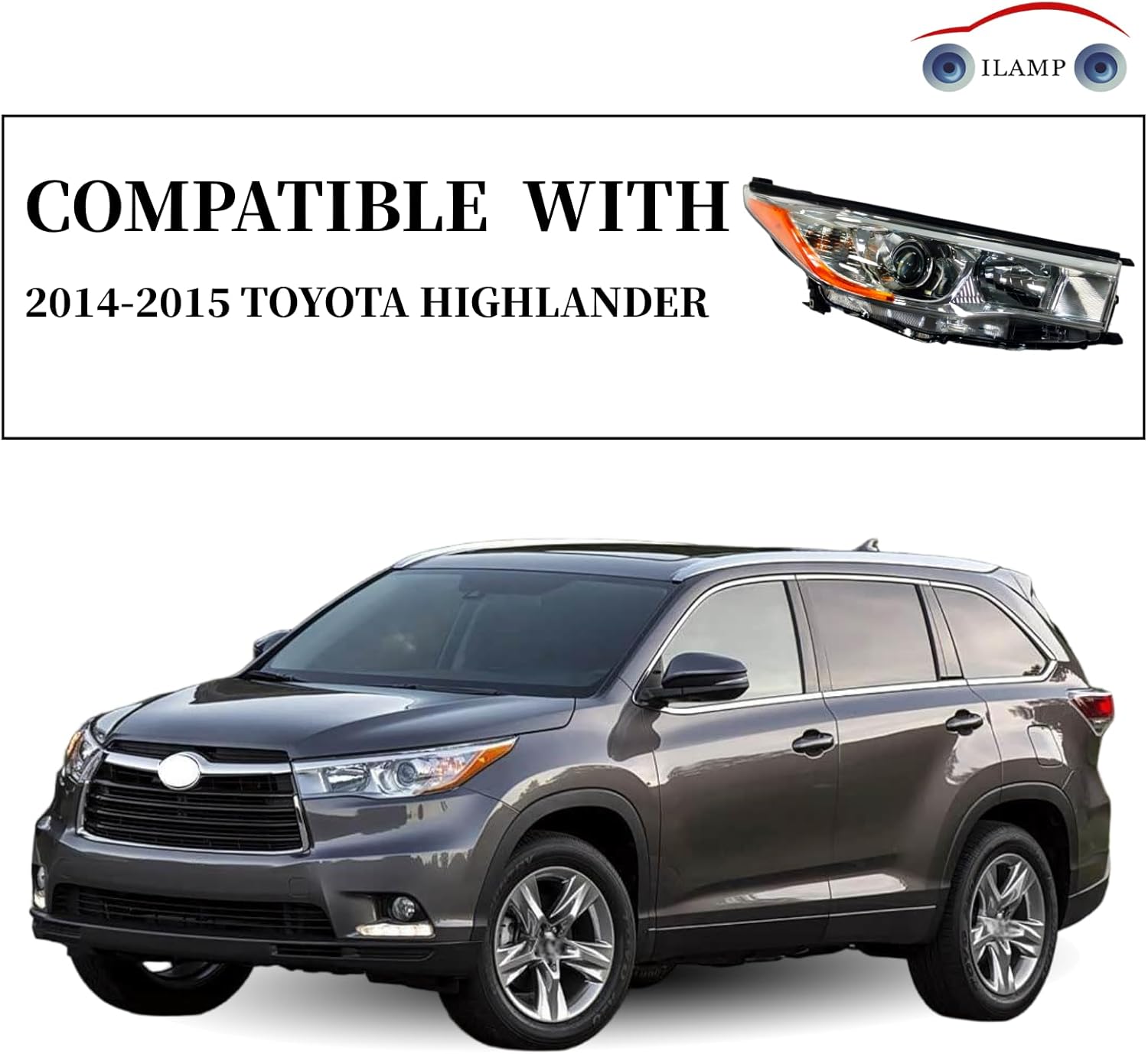 Halogen Headlight Fit For 2014 2015 2016 Highlander Headlamp Assembly Replacement (Right Passenger) RH 81110-0E180 HD15A01R