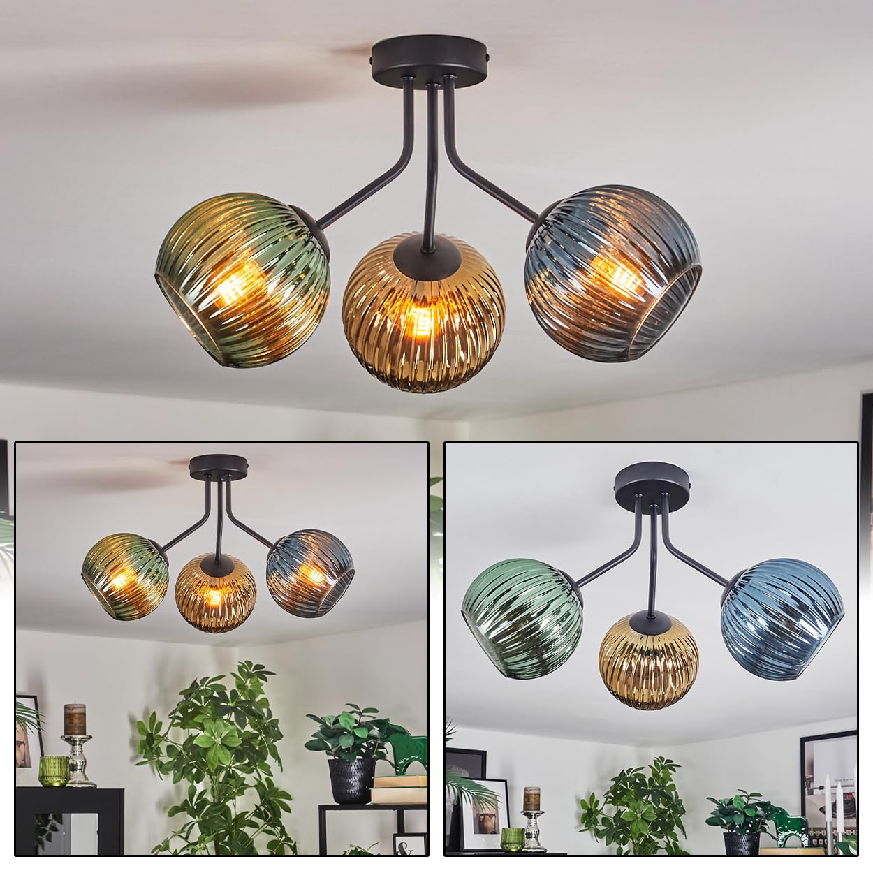 HOFSTEIN Ceiling lamp Koyoto, 3-Burner Ceiling lamp Made of Metal/Fluted Glass in Black/Blue/Green/Gold, in Retro/Vintage Design (Shades Ø 15cm), E14, Dining Room, Living Room, Bedroom, Kitchen
