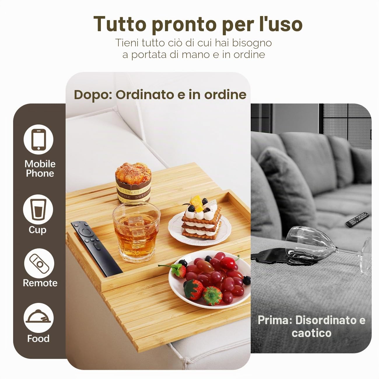 Tavolino da Braccio per Divano, Vassoio da Braccio per Divano in Bambù, Vassoio da Bracciolo per Divano, Vassoio Pieghevole da Tavolo Laterale, per Snack/Telefono/Controllo/Tazze