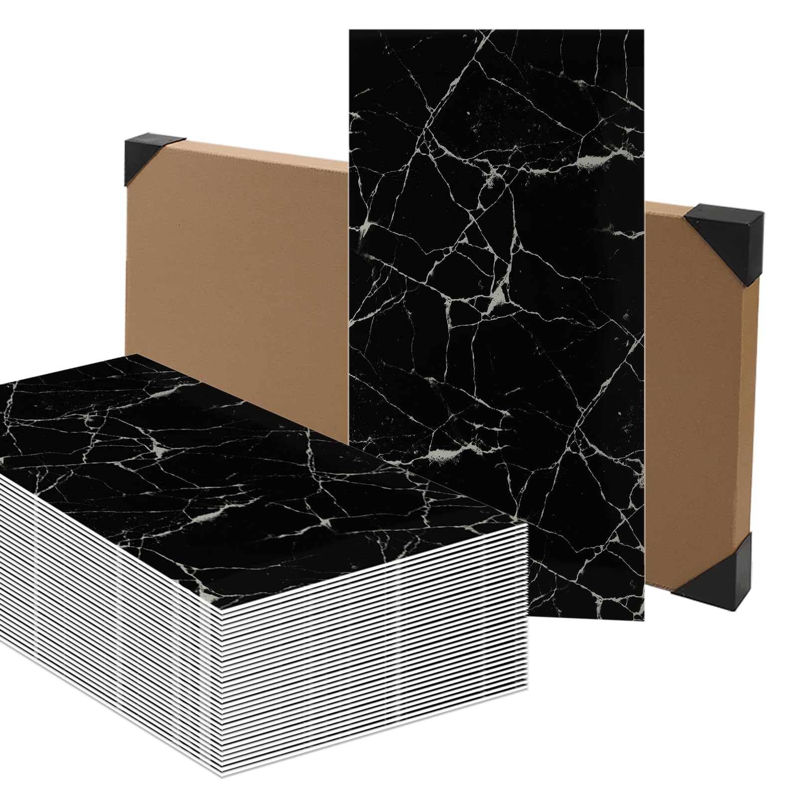 60PCS Marble Tile Stickers Thicken Self Adhesive Wall Tiles Waterproof Backsplash, Peel and Stick, Vinyl Marble Tiles for Bathroom, Kitchen Splashback, and Living Room,Black, 60x30cm — image 1