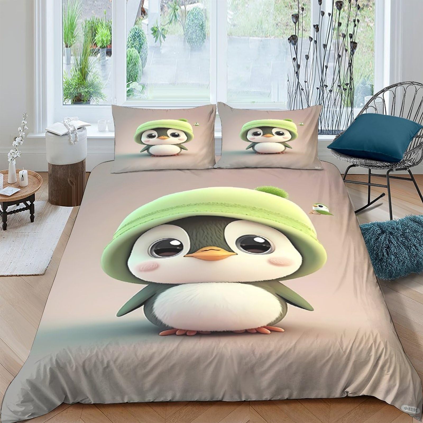 Housse de couette pingouin 3D lit King 220x240 avec taie d'oreiller pour ado