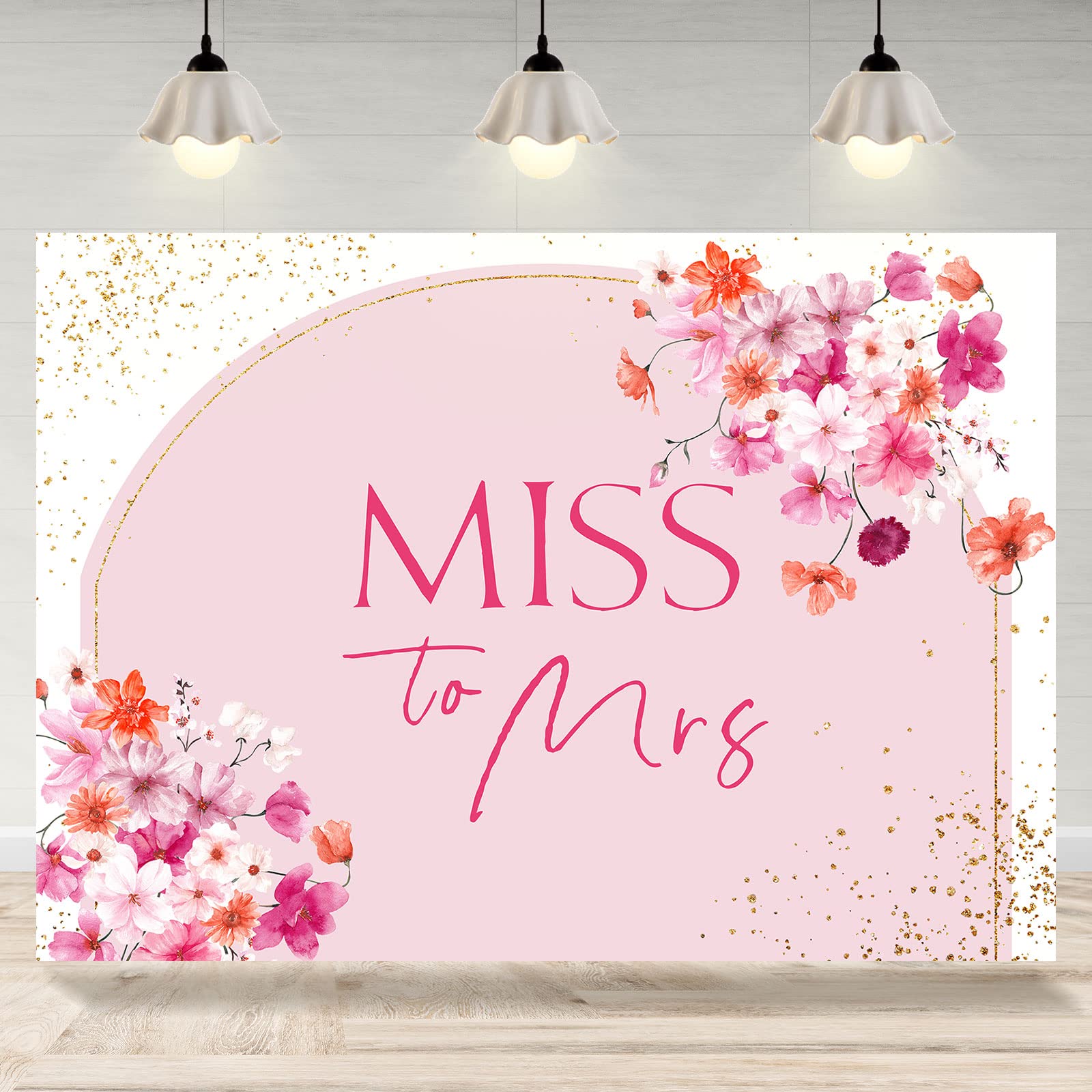 Rsuuinu Miss to Mrs Bridal Shower Backdrop Pink Flowers Golden Dots Photography Background Wedding Bride to Be Cake Table Party Decorations Banner
