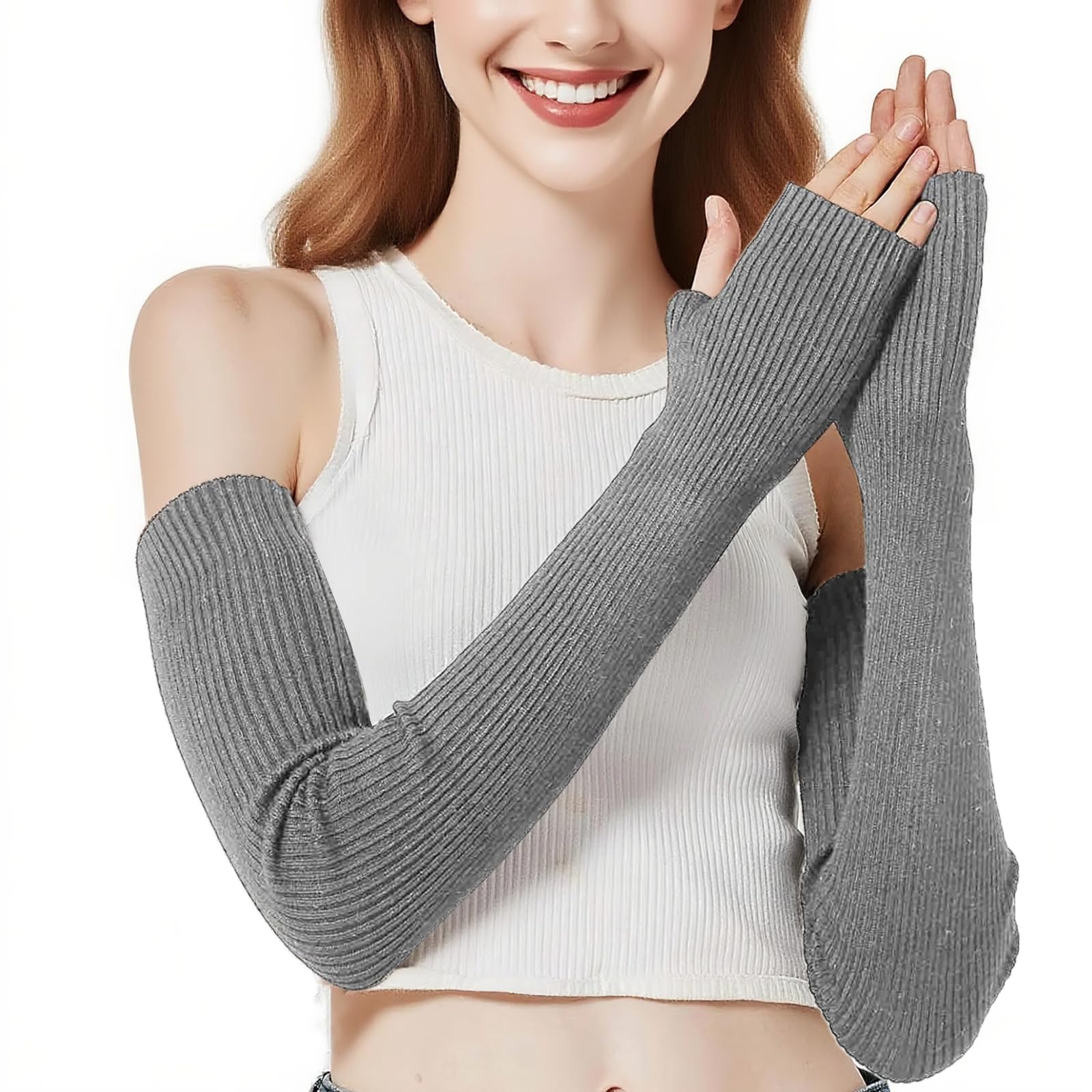 EQLEF Arm Warmers damskie, ciepłe rękawiczki na palce i dłonie długie rękawiczki czarne bez palców damskie rękawiczki do zimowania, Szary, 60*6.5cm