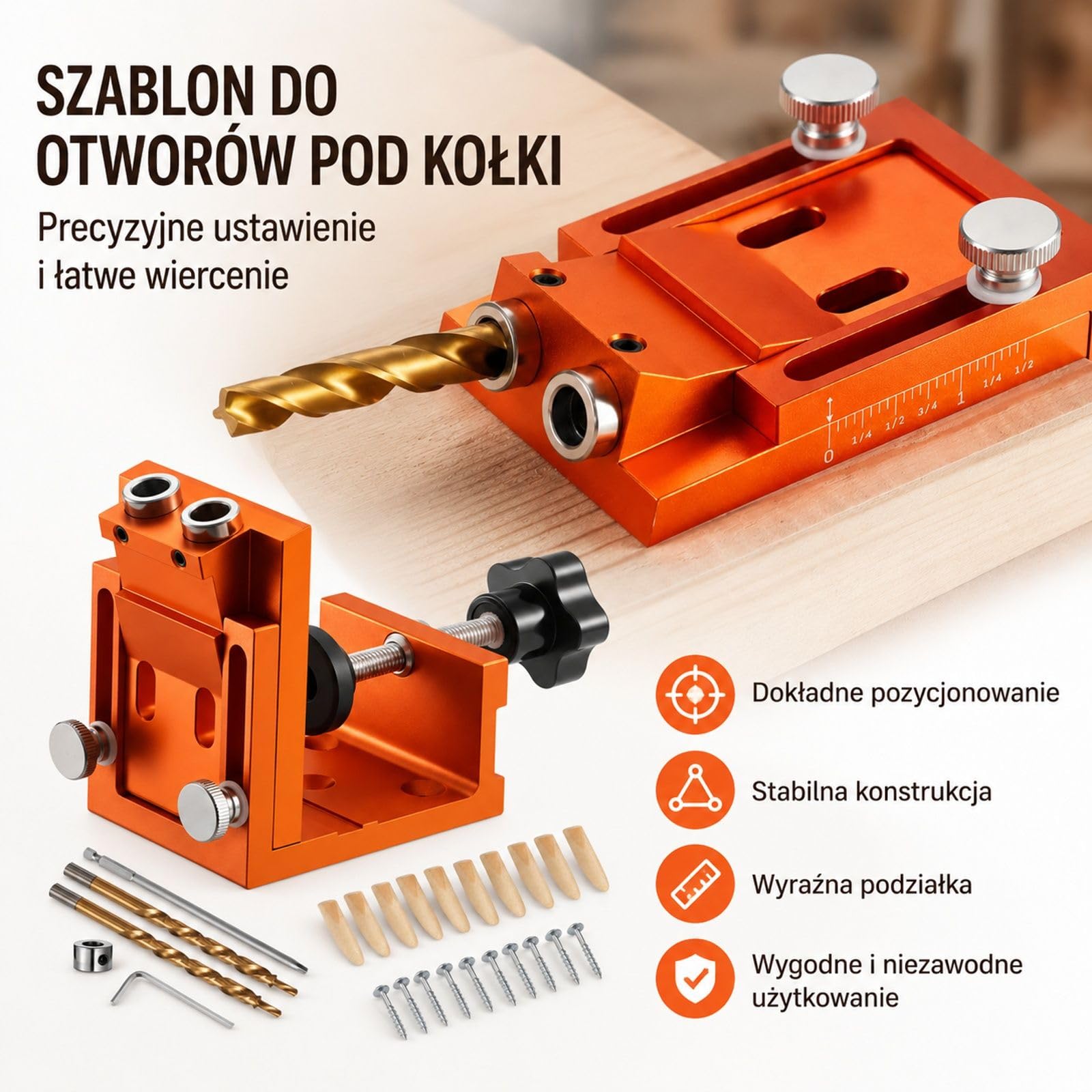 Zestaw szablonów do otworów kieszeniowych z wiertłem stopniowym, kluczem imbusowym, pierścieniem ograniczającym, bitem kwadratowym, kołkami i śrubami