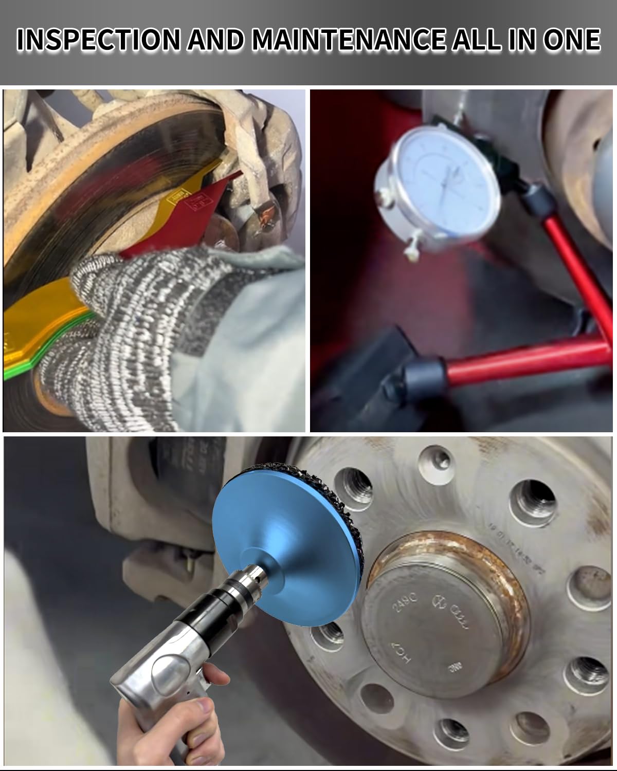 Kit di strumenti per rotori dei freni, kit di rifacimento per la pulizia del mozzo ruota con trapano pneumatico, micrometro metrico SAE, misuratore di spessore del rivestimento dei freni, penna tester