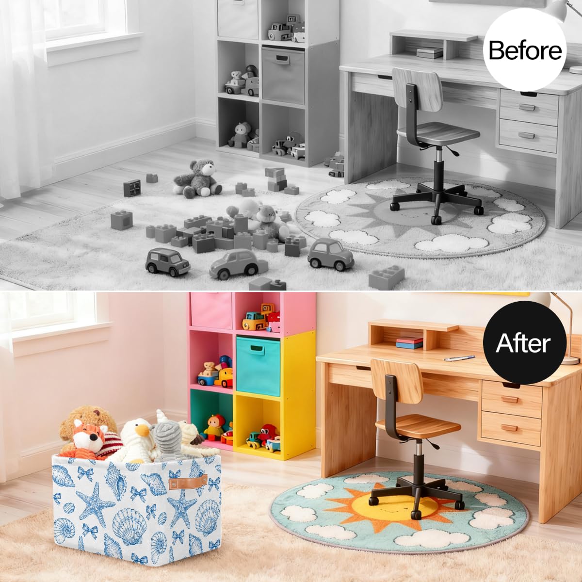 Line Art Rechteckiger Aufbewahrungskorb mit Muscheln und Seesternschleifen, 2 Stück, faltbarer Stoff-Aufbewahrungskorb für Schrank, Badezimmer, Wohnzimmer, Büro, Spielzeug, Organizer