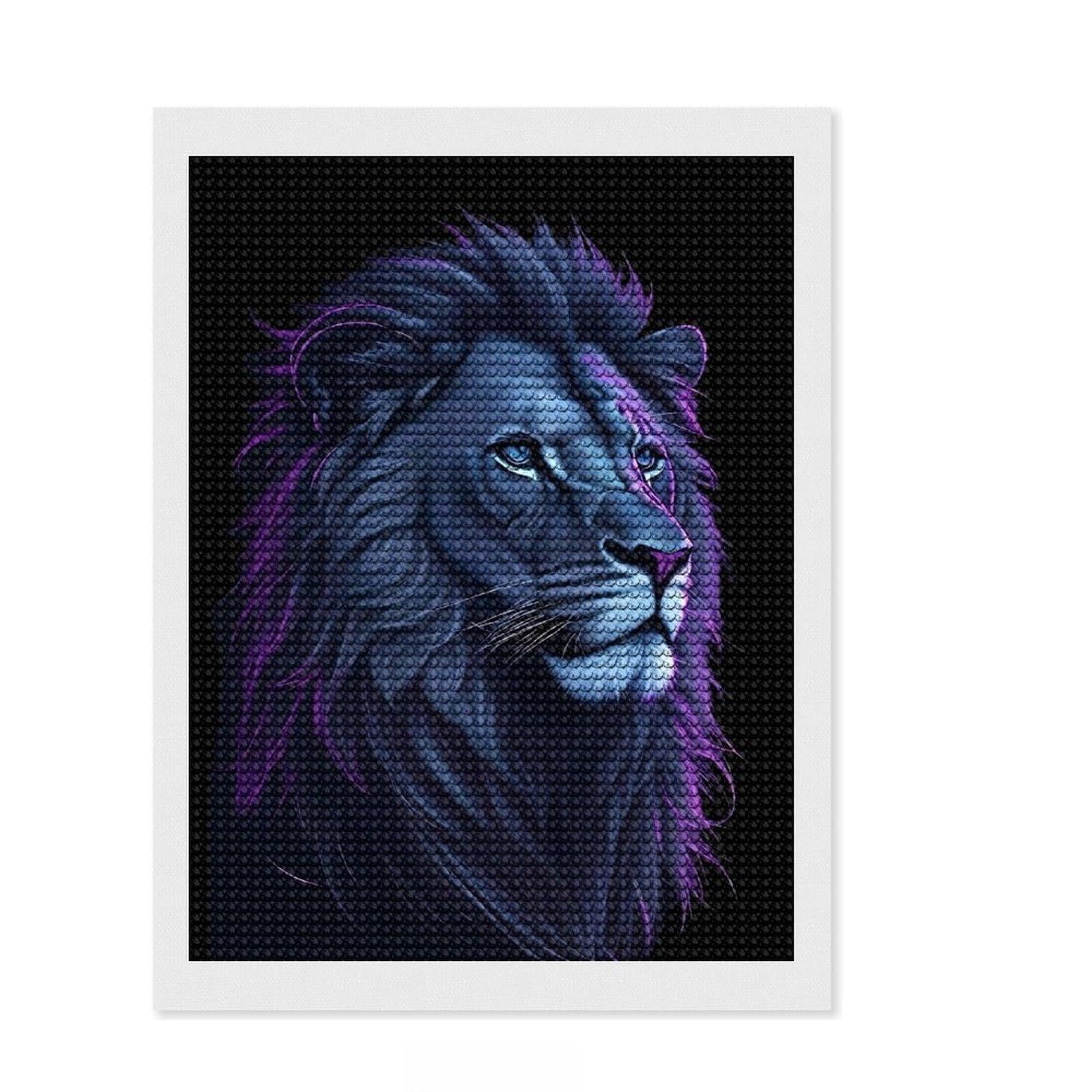 Junmoney Lion Face Diamond Painting Set 12"x16", Adhesive Canvas, Finish and Display, Office Decor, Birthday Gift, Sparkling Round Gems