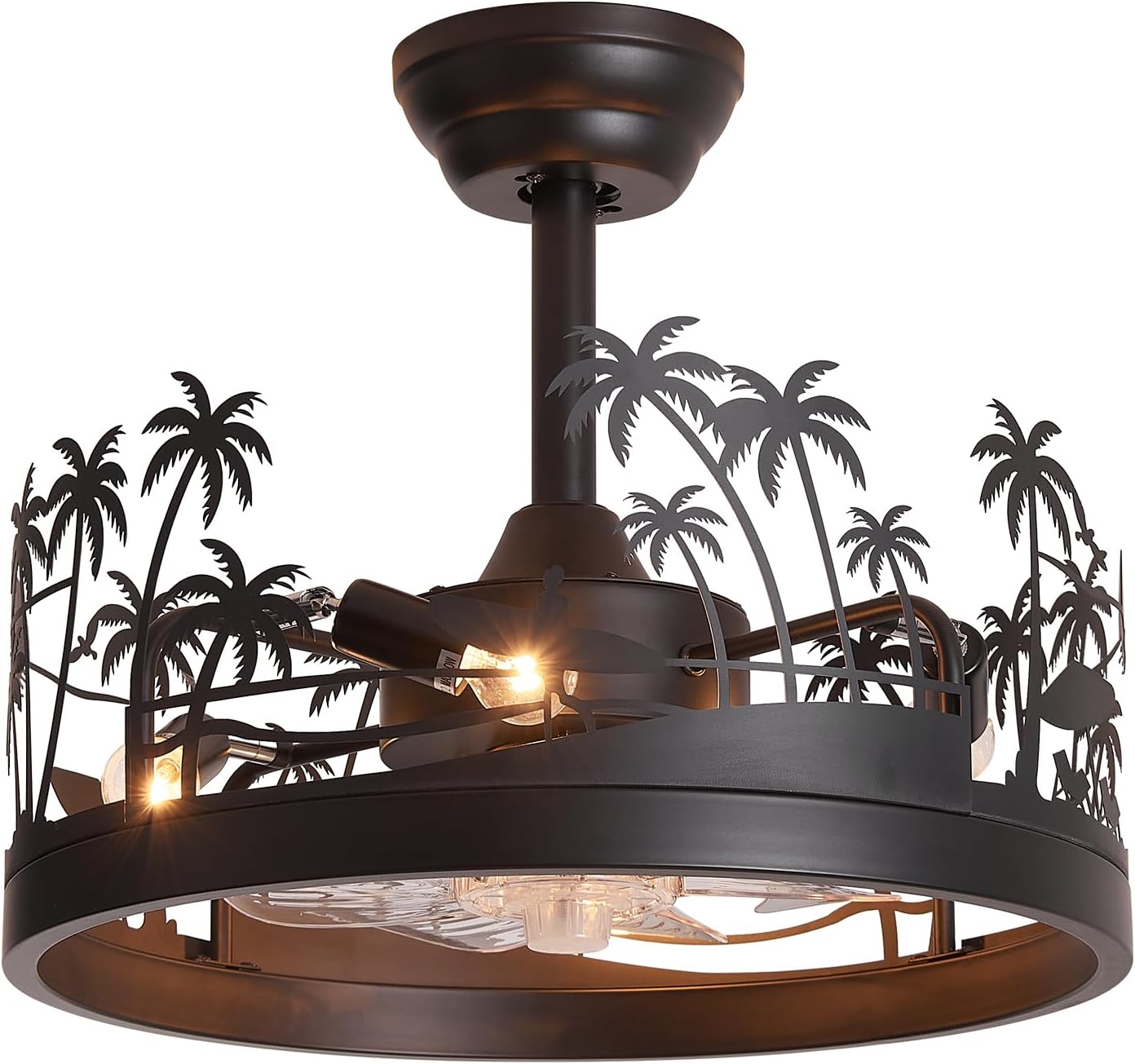 Rustic Island Style Ceiling Fan with Light and Remote, Tropical Palm Tree Design Decorative Metal Shade, Height Adjustable Industrial, Quiet Reversible for Living Room, Bedroom