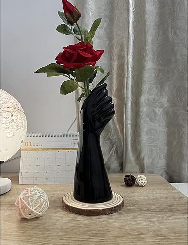 Jarrón decorativo negro en forma de mano de 9.25 pulgadas de alto, moderno jarrón de cerámica para decoración de mesa auxiliar, jarrones para
