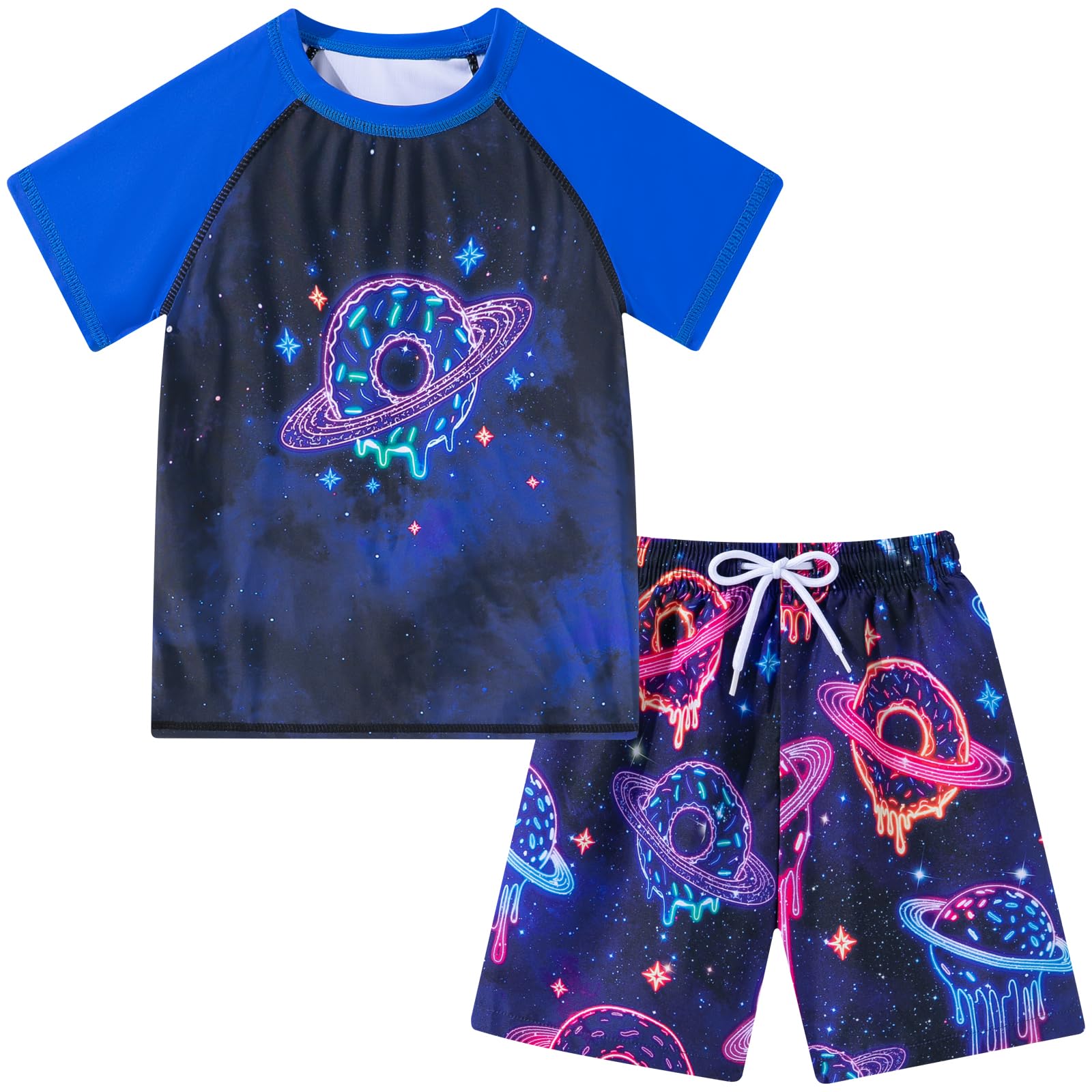 Boys Short Sleeve Rash Guard Swimsuit Set with Swim Trunks for 4-12 Years