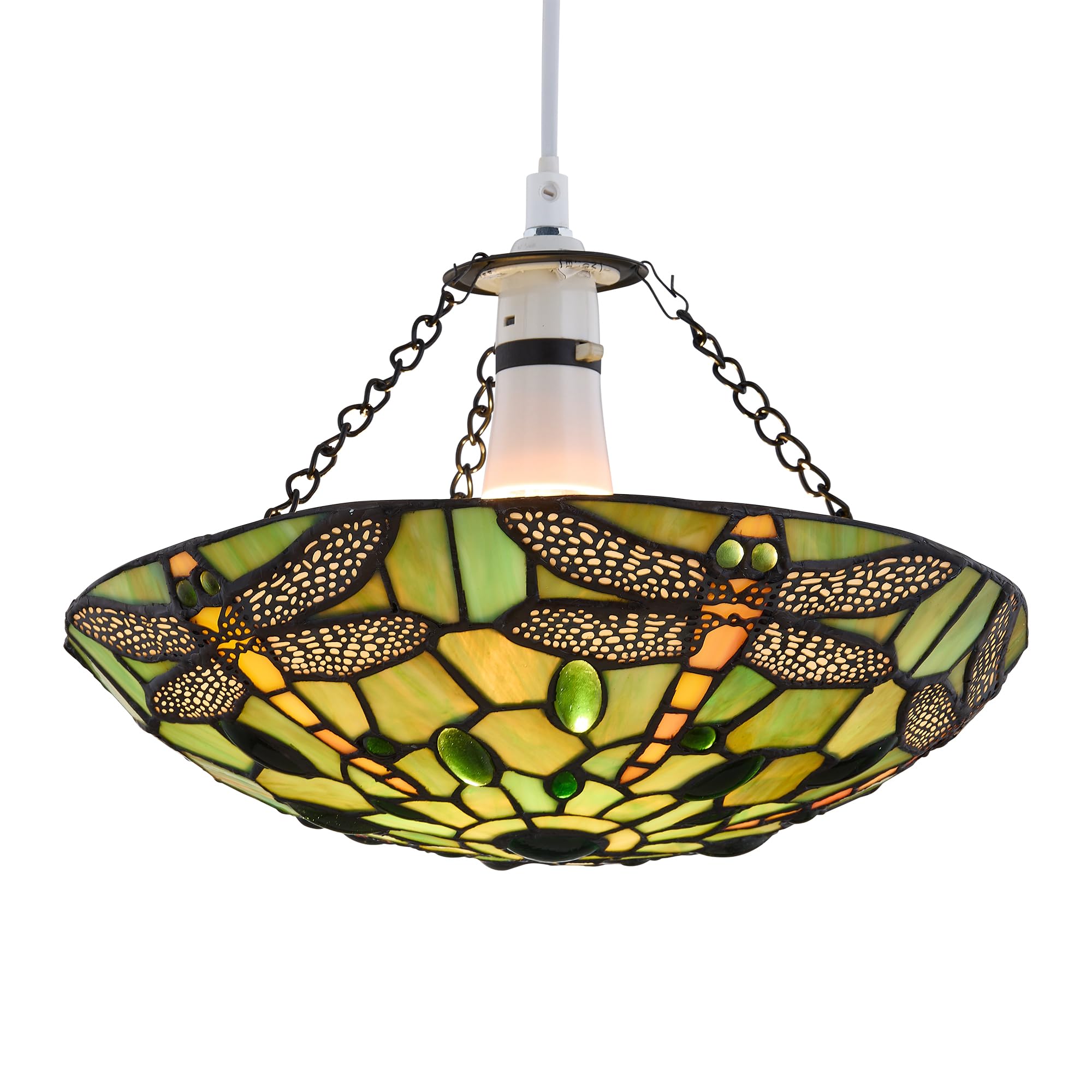 Green Tiffany Dragonfly Uplight Pendant Shade, Easy Fit Ceiling Lightshade, Traditional Coloured Glass Design