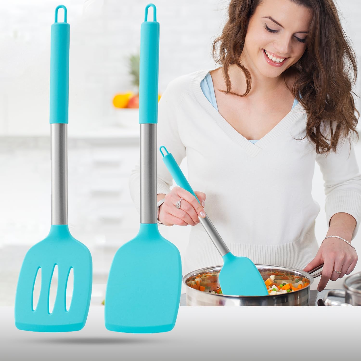 Pack of 2 Silicone Solid Turner,Non Stick Slotted Kitchen Spatulas,High Heat Resistant BPA Free Cooking Utensils,Ideal Cookware for Fish,Eggs,Pancakes
