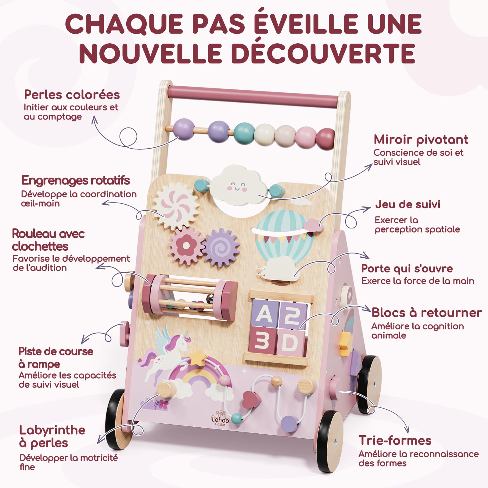 Lehoo Castle Chariot de Marche Bébé en Bois, Trotteur Bébé Fille | Baby Walker avec Frein Réglable, Licorne Rose, Centre d’Activités 10-en-1, Aide à la Marche, Cadeau pour Fille de 1 An